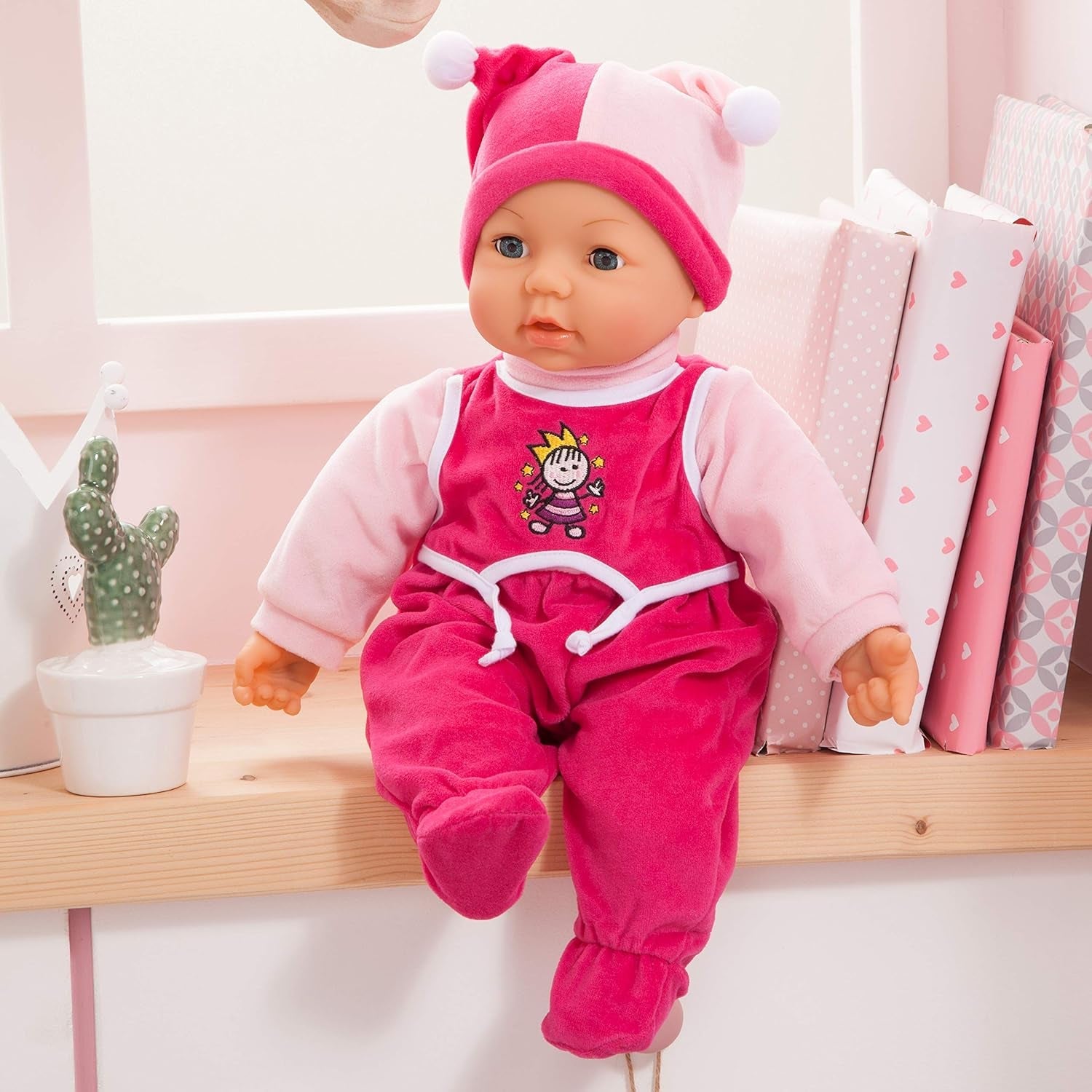 Funktionspuppe Hello Baby mit Geräuschen, bewegt den Mund, interaktive Puppe, Babypuppe, mit Zubehör, 46cm, różowy