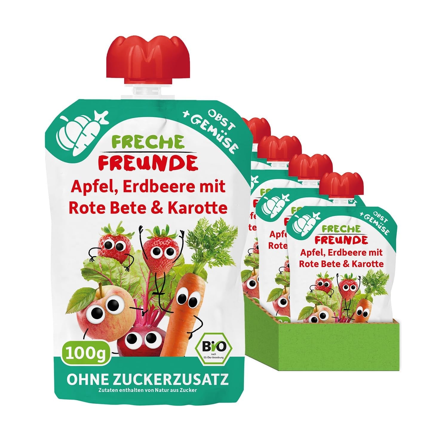 FRECHE FREUNDE Organiczne wyciskane torebki owocowe z jabłkami, truskawkami, burakami i marchewką, puree owocowo-warzywne w wyciskanej torbie dla dzieci od 6. miesiąca życia, wegańskie, opakowanie 6 szt. (6 x 100 g)