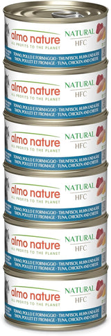 Almo Nature HFC Natural - Mokra karma dla dorosłych kotów - Tuńczyk, Kurczak i Ser - Jakość ludzka, Bezglutenowa - 6 x 70g
