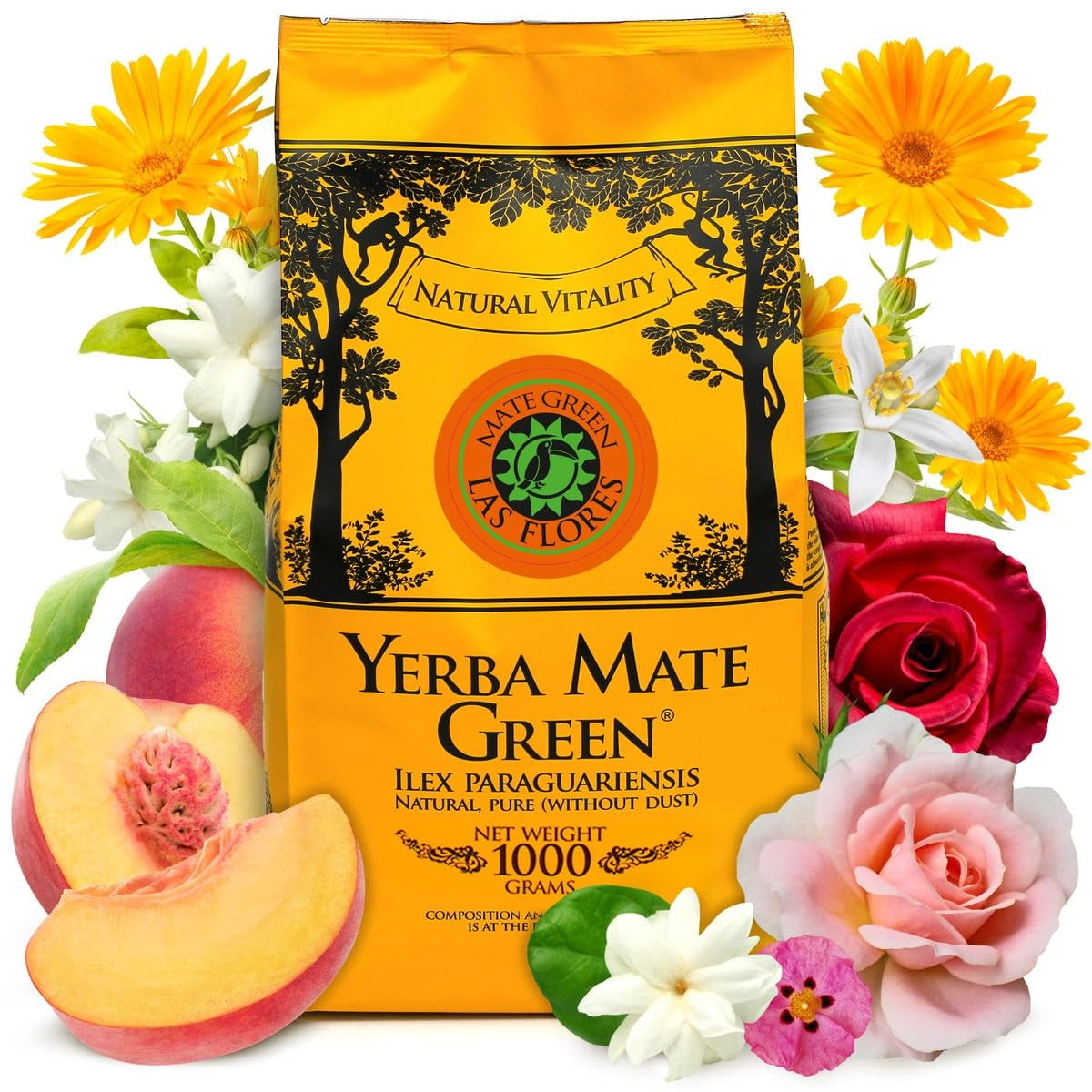 Yerba LAS FLORES 1 kg ● Herbata Yerba Mate z brazylijskimi brzoskwiniami ● Jaśmin ● Herbata Mate z liści mate ● Naturalne aromaty ● Herbata Yebra Mate z guaraną 50 g ● Herbata Yerba Mate z całymi liśćmi 1050 g ● Wegańska