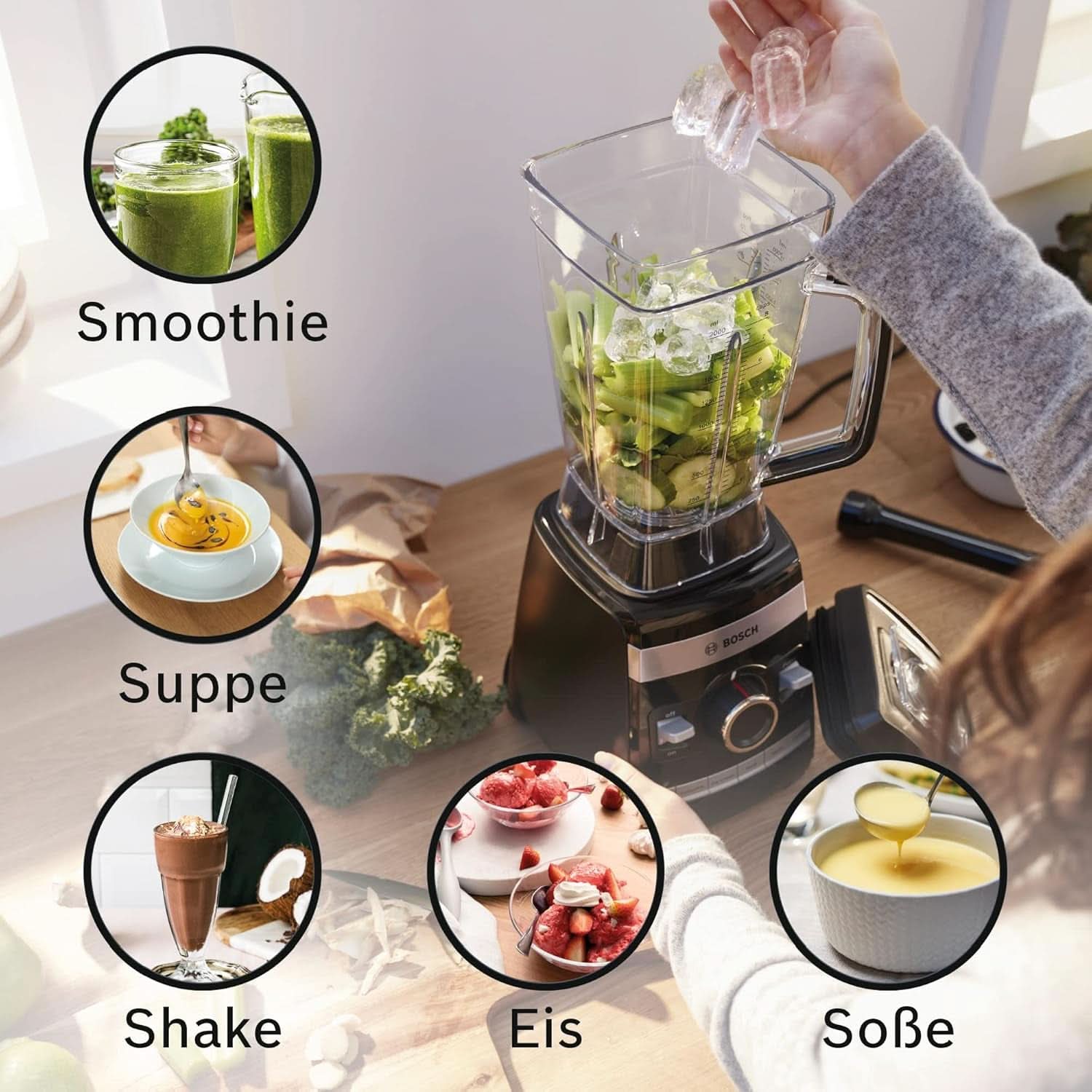 Bosch Mikser stojący Vitaboost MMBH6P6BDE, 6-Klingen-Edelstahlmesser, 2,5 l Tritan-Mixbehälter, Stopfer, 6 programów automatycznych, Rezeptbuch, Bpa-Frei, Einfache Reinigung, 45 000 U/Min, 1600 W, Schwarz Bucatarie Naty Shop