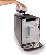 Melitta Solo & Milk - w pełni automatyczny, smukły ekspres do kawy ze spieniaczem do mleka, ekspres do kawy z wyjmowanym zbiornikiem na wodę, m.in. kawa lub cappuccino, srebro