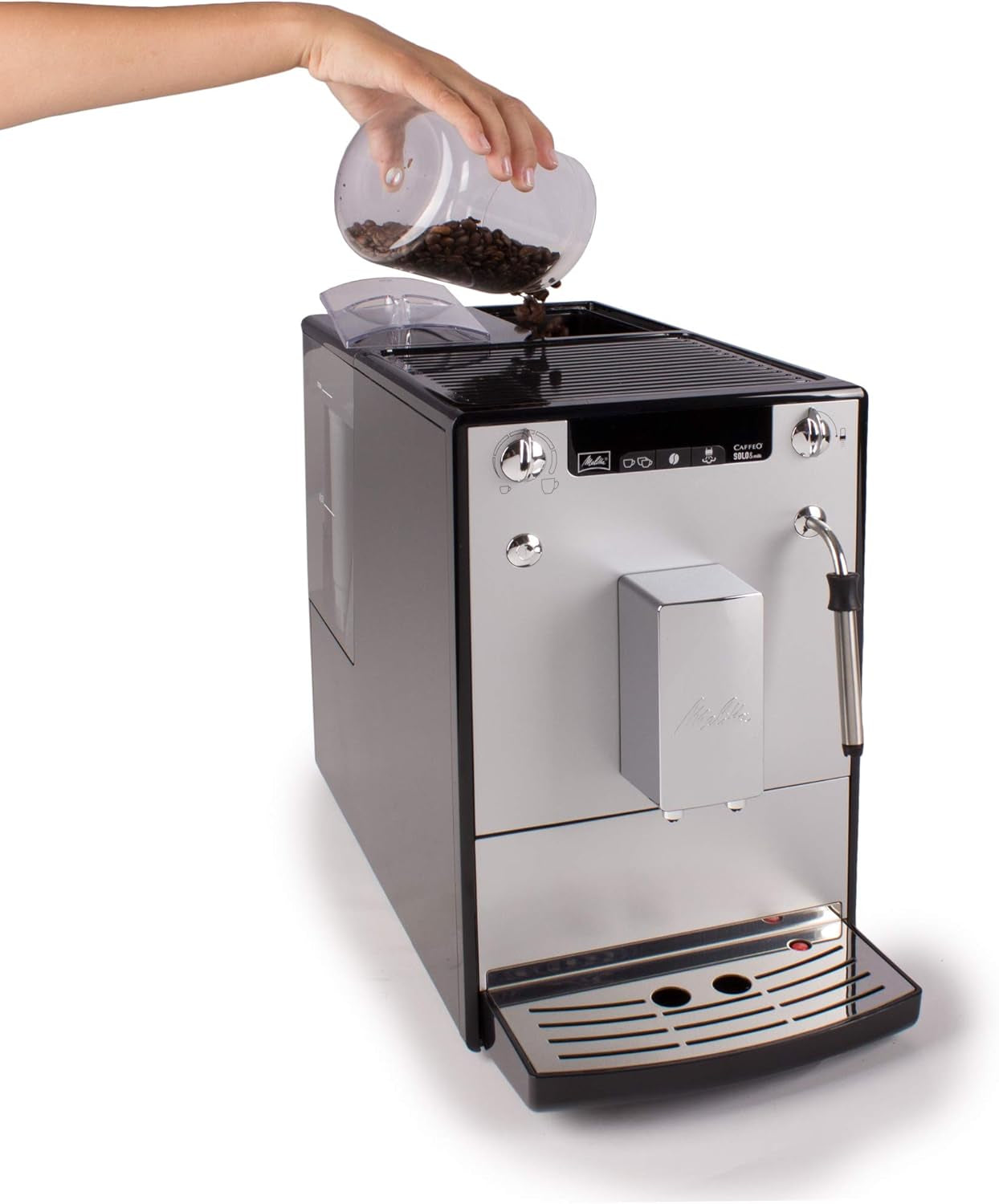 Melitta Solo & Milk - w pełni automatyczny, smukły ekspres do kawy ze spieniaczem do mleka, ekspres do kawy z wyjmowanym zbiornikiem na wodę, m.in. kawa lub cappuccino, srebro