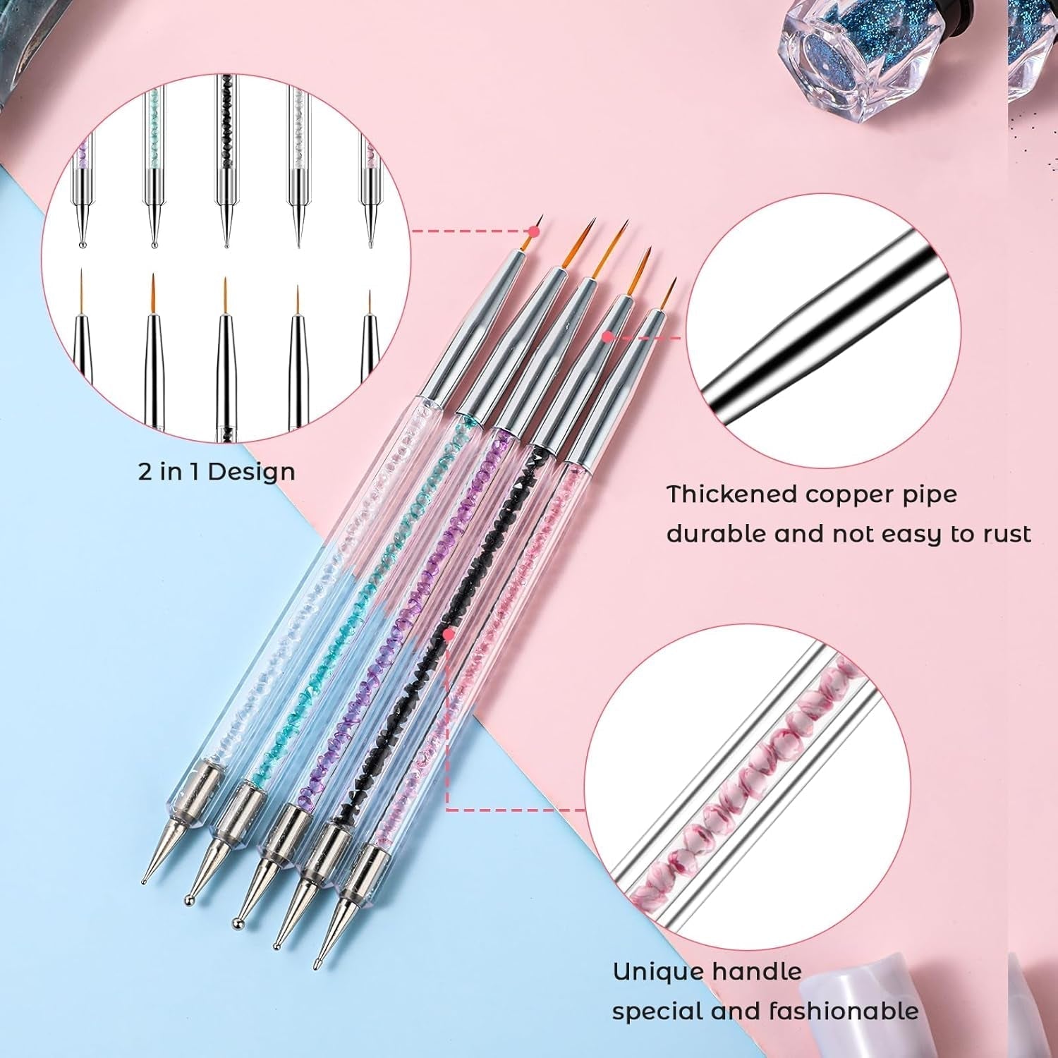 Zestaw 5 Stück Nail Art Pinsel Narzędzie do kropkowania Nailart Pinsel Nageldesign Dwustronny długopis do kropek Strass Profesjonalny akryl Feinmalerei Nail Art Design
