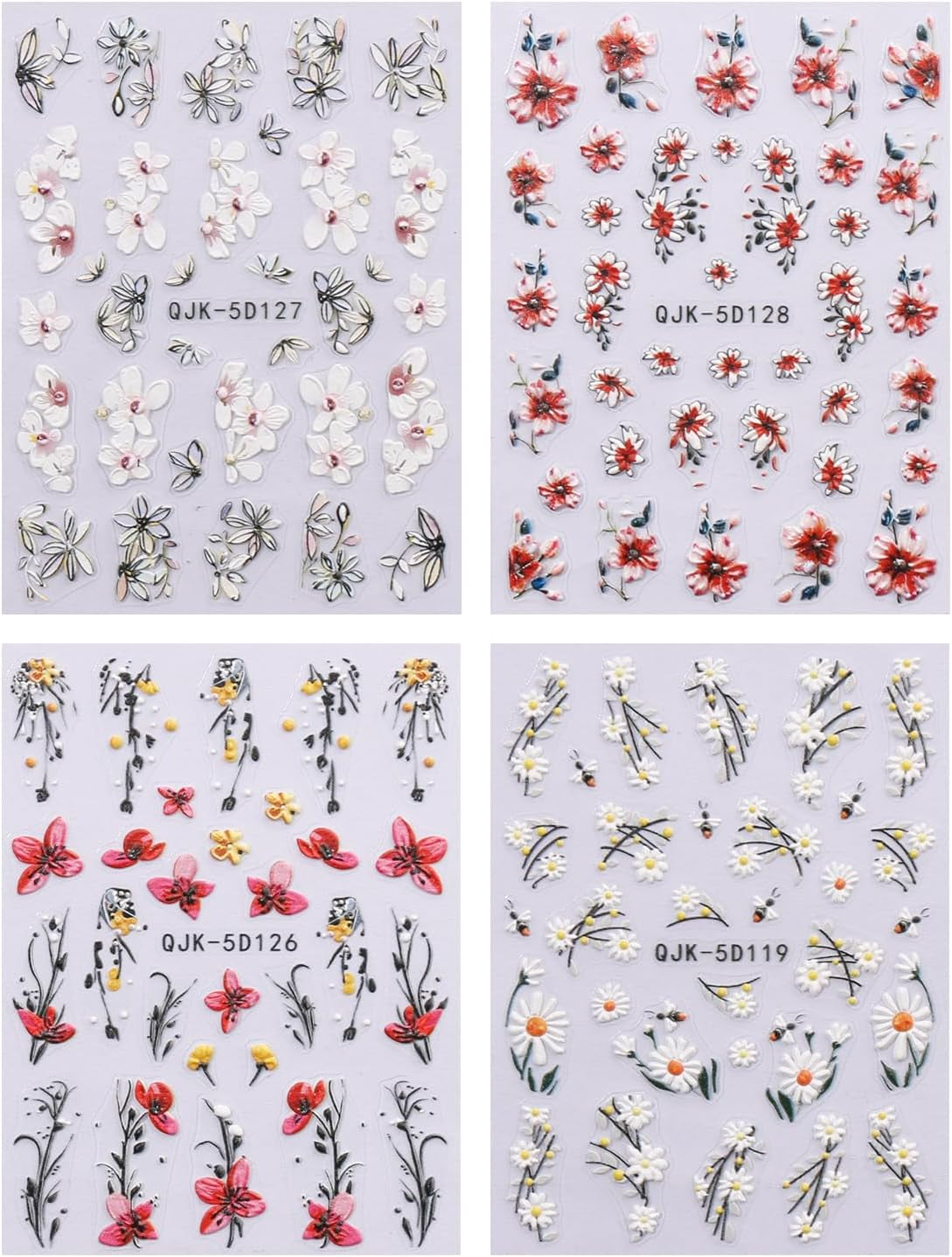 JMEOWIO 3D Nagelsticker Blumen Nail Art Naklejka Selbstklebend Nagelaufkleber 5D Stereoskopisch Frühling Sommer Dekoration Nageldesign Zubehör 4 Blatt