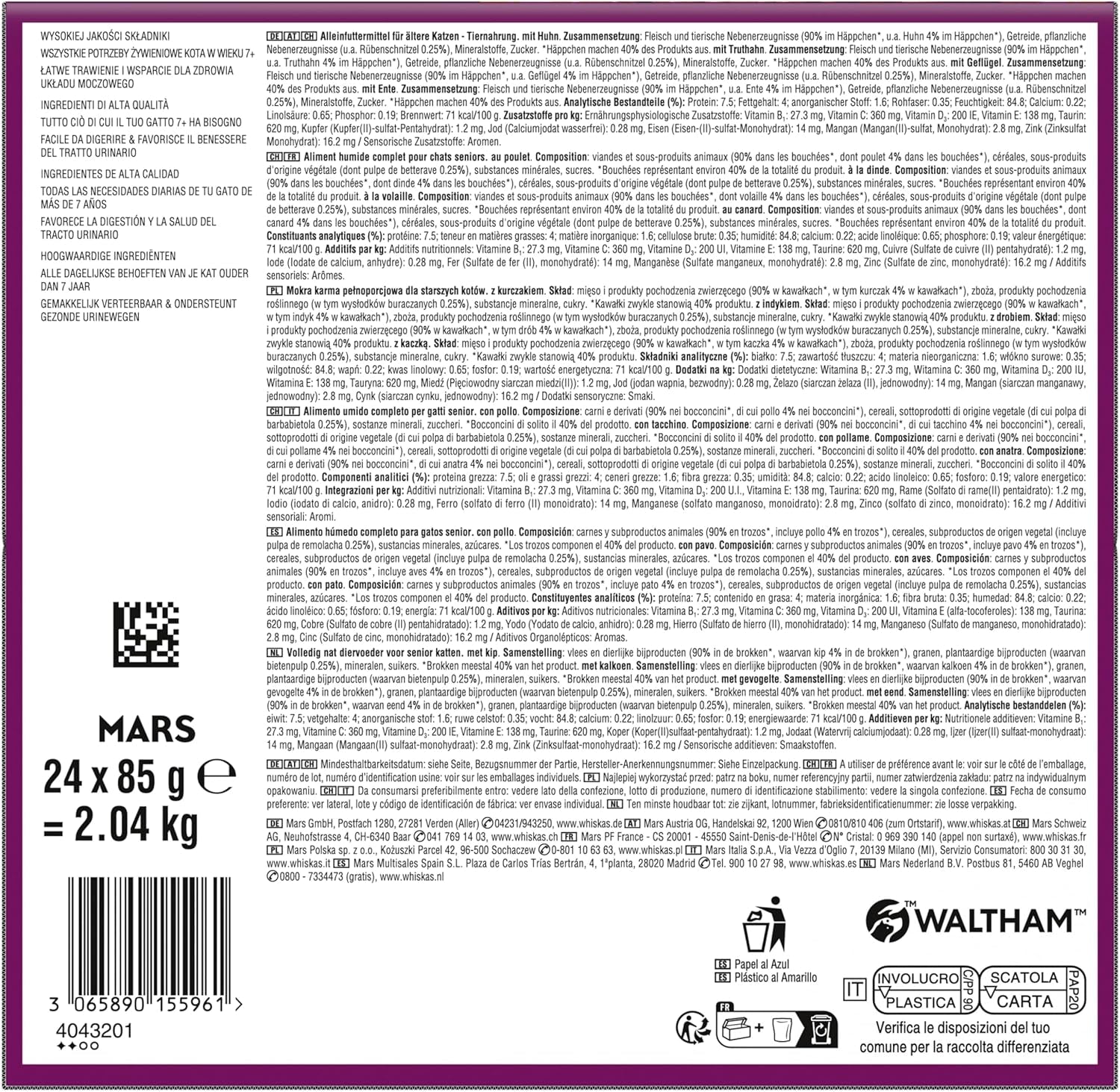 Whiskas 7+ Mokra karma dla kotów Wybór drobiu w sosie 24 x 85 g (2 opakowania) - Wysokiej jakości mokra karma dla kotów od 7 lat w 48 saszetkach
