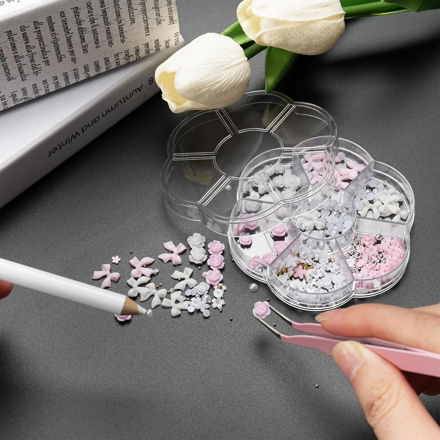 Charms do paznokci 3D, Charms do zdobienia paznokci Schleifen, Blumen i Perlen, Nagel Charms Aus Harz, Zestawy Nageldekorations, DIY Charms Nägel, Nagelanhänger