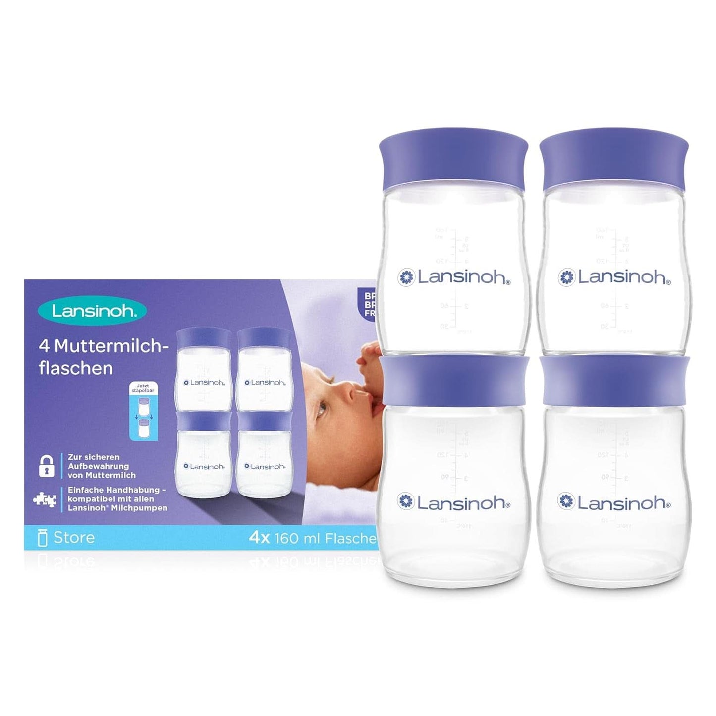 Lansinoh Muttermilchflaschen, 4 X 160 Ml - Zur Sicheren Muttermilch Austellungen - Neues Kompaktes Design Für Verbesserte Stabilität - Mit Stapelbarem Deckel Akcesoria Żywność i karmienie piersią Bebe Naty Shop