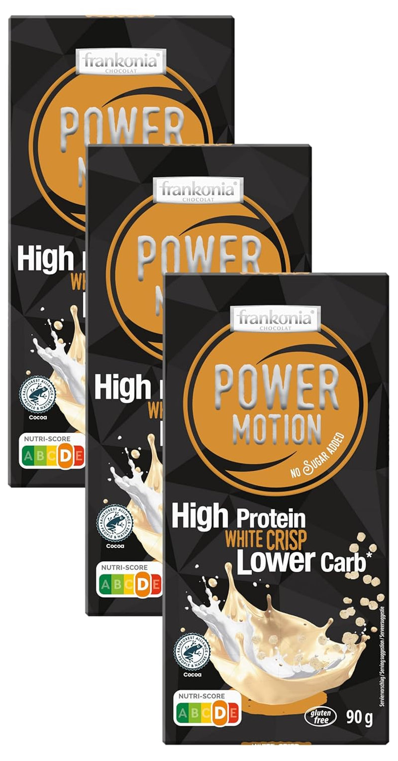 frankonia CHOCOLAT POWER MOTION bez dodatku cukru - Chrupiąca biała czekolada o wysokiej zawartości białka i niskiej zawartości węglowodanów, 90 g