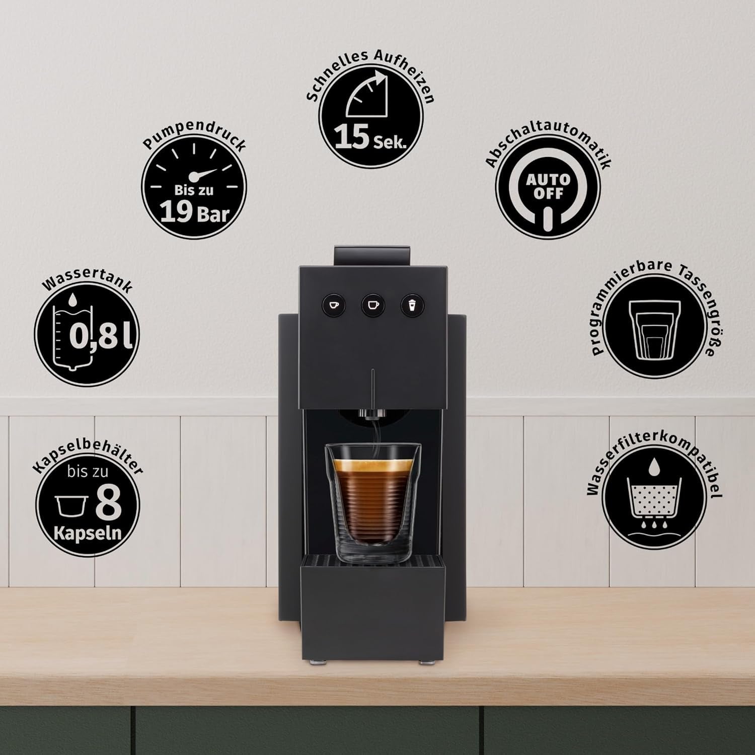 Ekspres do kawy z kapsułkami K-FEE SQUARE do kawy, herbaty i kakao | Kompaktowe espresso | Szybkie nagrzewanie | Zbiornik na wodę 0,8 l | 19 taktów | Czarny fortepian