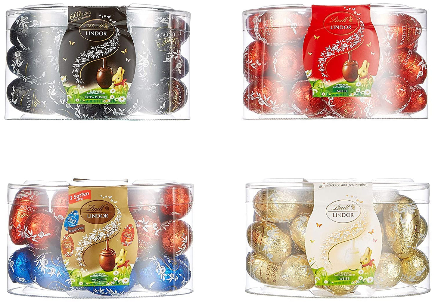 Jajka LINDOR z czekoladą Lindt | 4 pudełka po 450 g każde | Jajka LINDOR z rozpływającą się w ustach czekoladą mleczną, nadzieniem białym, ciemnym i orzechowym | Czekolada Wielkanocna | Prezent czekoladowy | Pisanki | Czekoladowe jajka