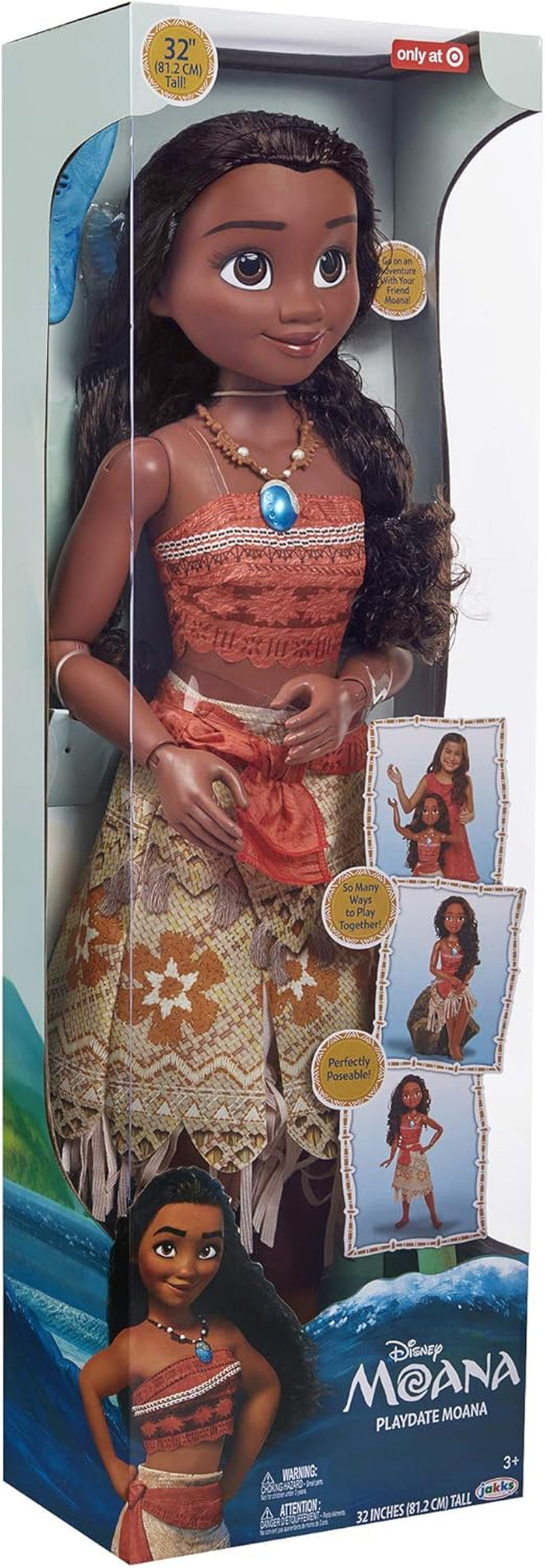 Disney Princess Vaiana, 80 cm duża Spielpuppe von Jakks Pacific, bewegliche Puppe, mit Bürste zum Kämmen ihrer welligen Locken, vom Film inspirowany Kleid, abnehmbare Halskette mit Anhänger