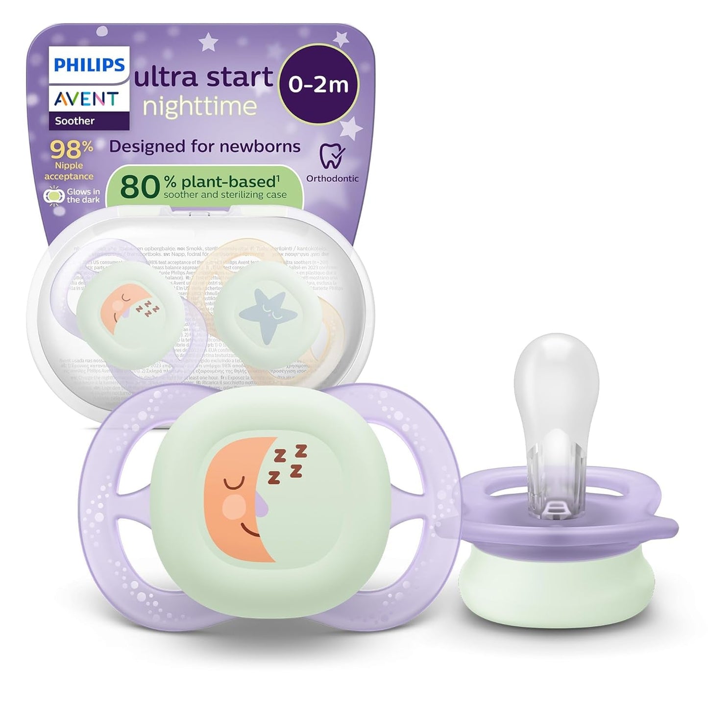 Philips AVENT Ultra Start smoczek na noc, smoczek ortodontyczny dla noworodków, świecący w ciemności, bez BPA, z pojemnikiem do sterylizacji, podwójne opakowanie, księżyc, gwiazda, SCF075/07
