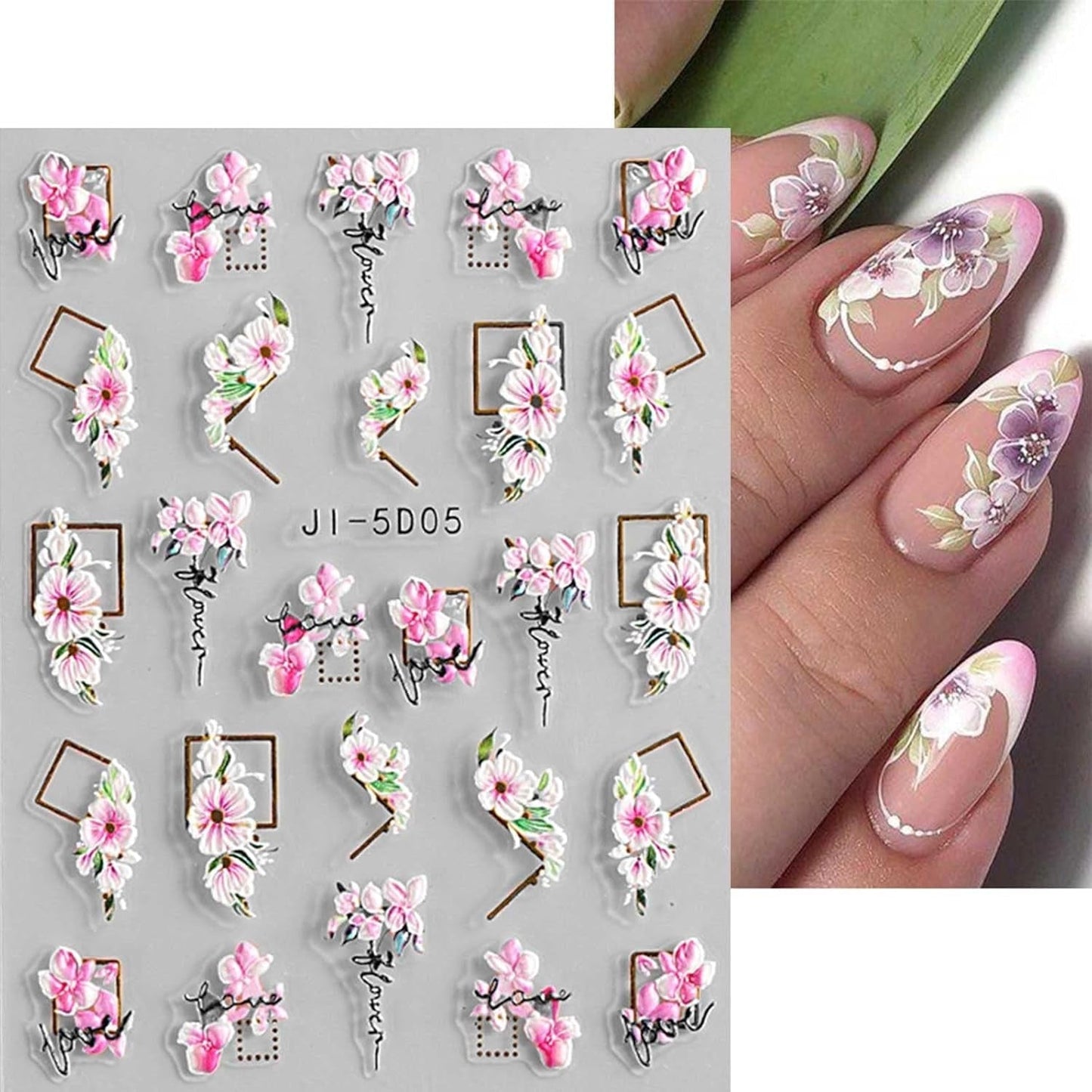 JMEOWIO 3D Nagelsticker Frühling Blume Nail Art Naklejka Selbstklebend Nagelaufkleber 5D Stereoskopisch Buntes Sommer Blumen Dekoration Nageldesign Zubehör 4 Blatt