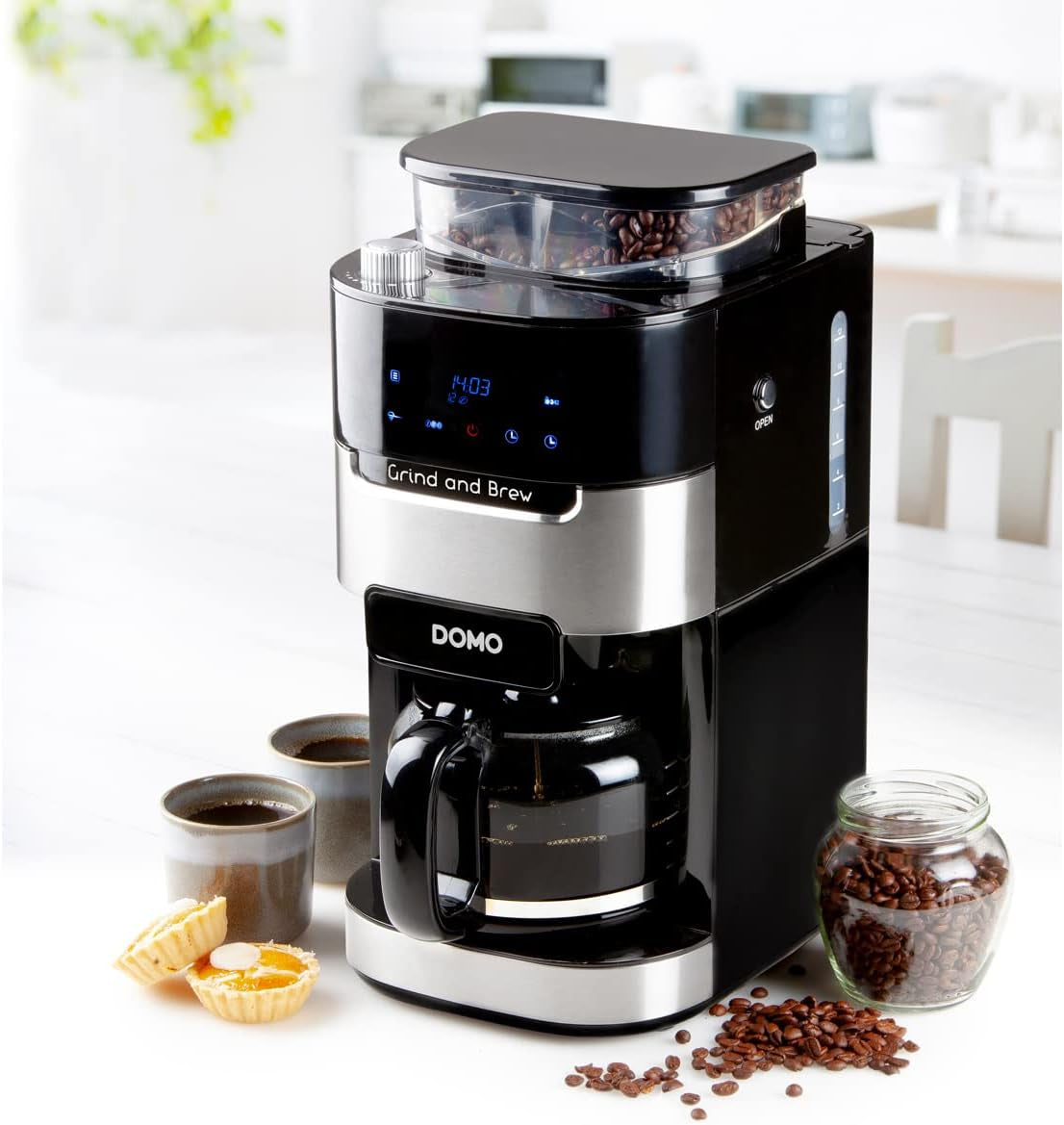 Ekspres DOMO DO721K „Grind and Brew” - Funkcja od ziarna do filiżanki - Wyświetlacz LCD - Do kawy mielonej lub całych ziaren - 1,5 L