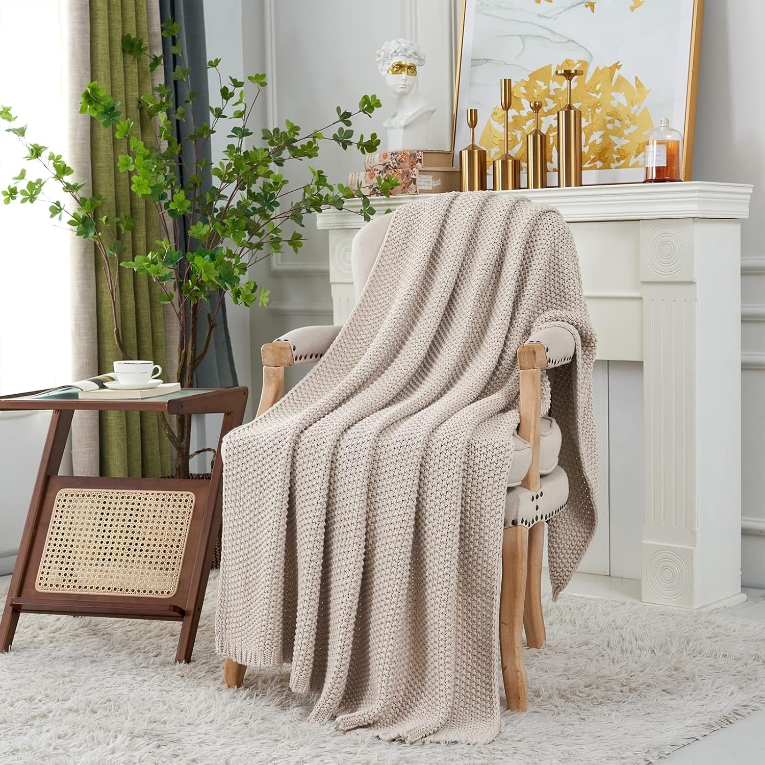 Koc z grubej dzianiny, lekki, beżowy, 100% bawełny organicznej, koc na kanapę, sofę, łóżko, dziecko, pokój dziecięcy, rustykalny, shabby chic, nowoczesny dom wiejski, 152,4 x 203,2 cm, w zestawie torba na pranie. Łóżka i koce Pościel Longhui