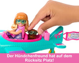 Lalka Chelsea Barbie Samolot i zestaw do zabawy – lalka pilot, samolot, akcesoria dla szczeniąt i bajek, obrotowe koła i śmigła do kwiatów, wiek 3+, HTK38