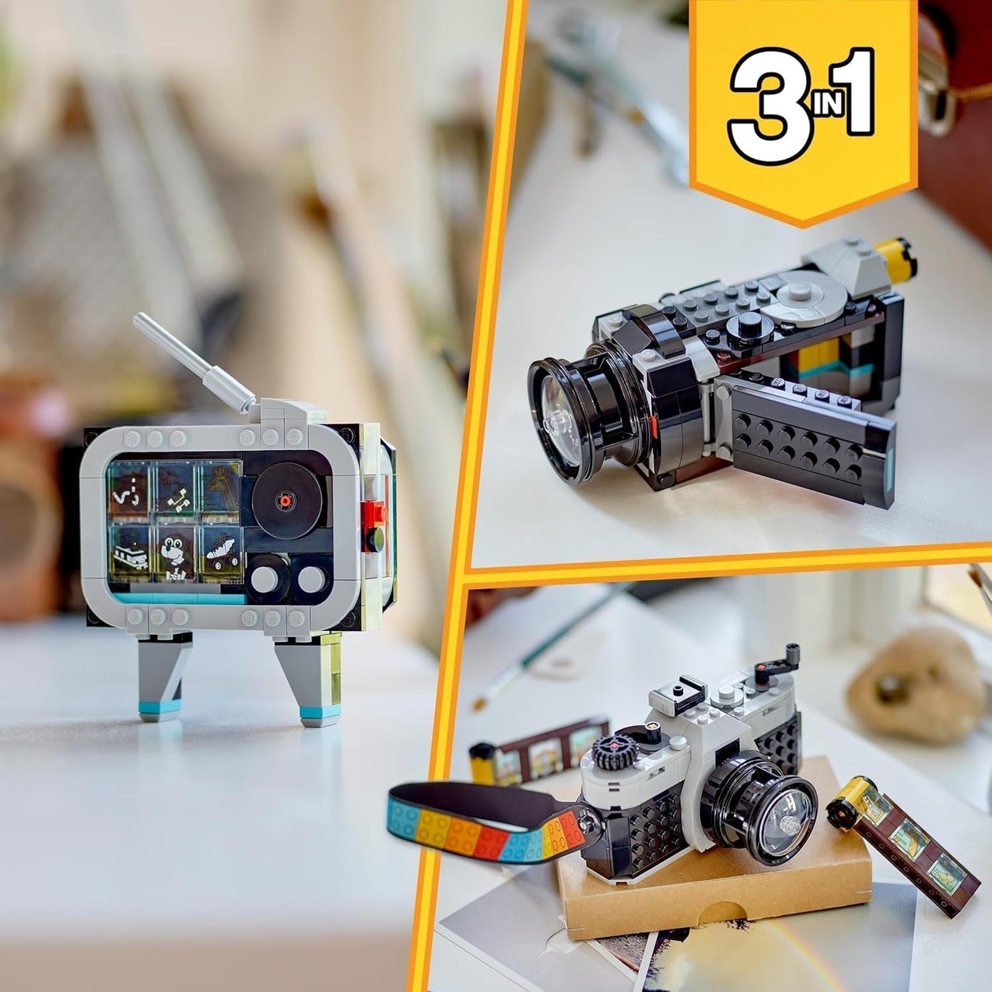 LEGO Creator Zabawka z aparatem retro 3 w 1, kamera, telewizor, dekoracje na biurko dla dzieci lub akcesoria do sypialni, prezenty fotograficzne dla dziewcząt i chłopców w wieku 8 lat 31147 Zestawy do budowania Kup w sklepie LEGO