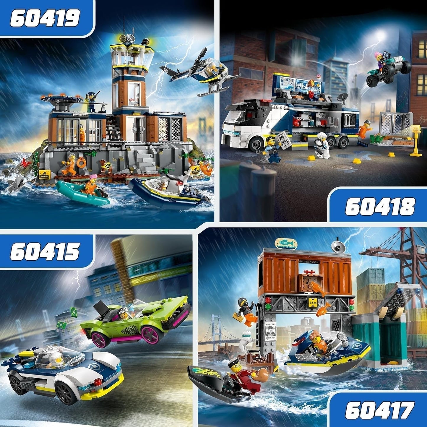 LEGO City Pościg samochodowy z radiowozem i mięśniakiem, zabawkowy pociąg z 2 samochodami wyścigowymi, prezent policyjny dla dzieci, chłopców i dziewcząt od 6 lat, zestaw z policjantem i minifigurkami Ganovinem 60415 Zestawy do budowania Besuche den LEGO-Store