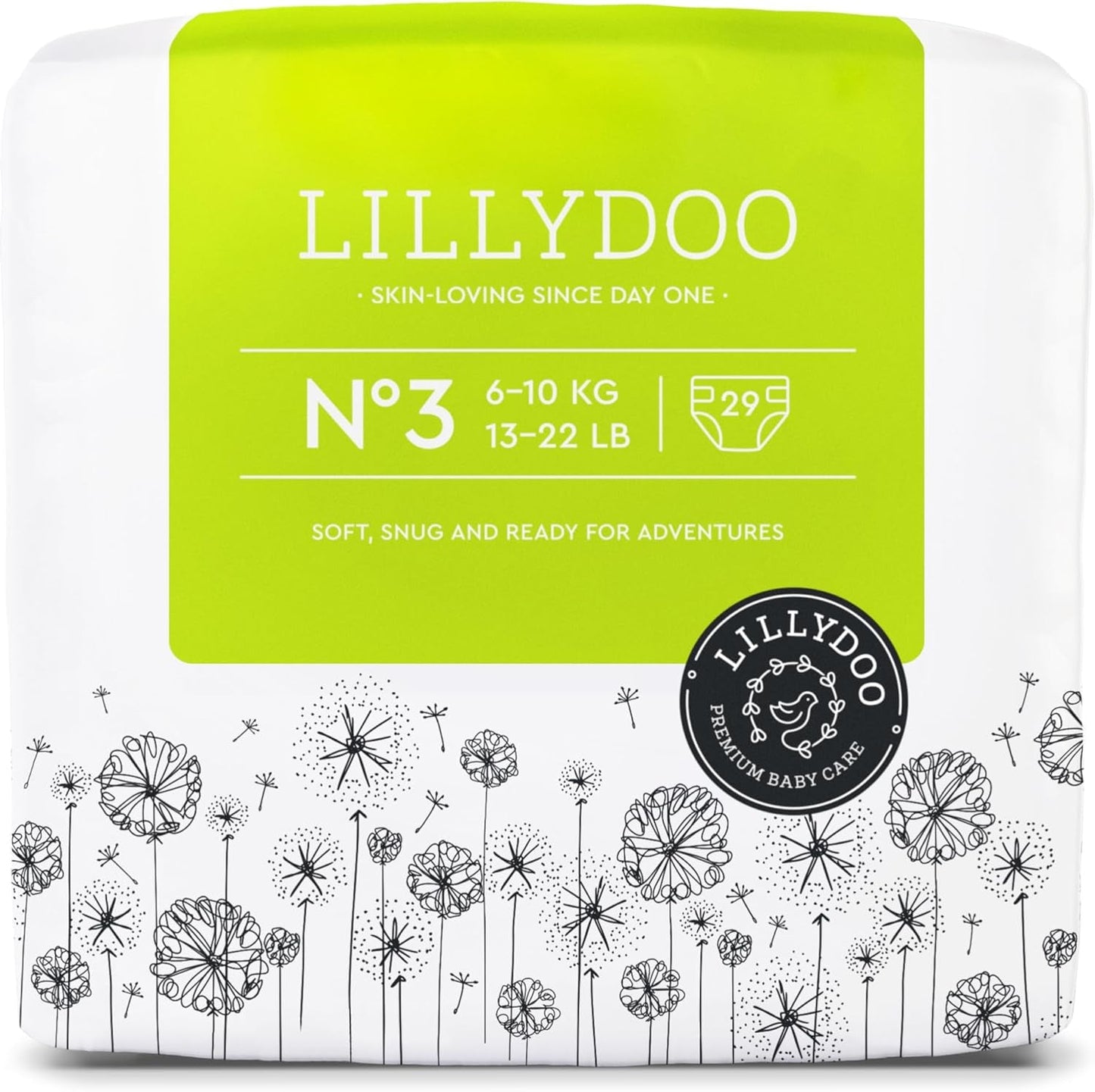 LILLYDOO Pieluszki dziecięce Przyjazne dla skóry - rozmiar 3 (6-10 kg), 29 sztuk, niezawodna ochrona przed wyciekami, miękkie, bezzapachowe i bez balsamu dla skóry wrażliwej, testowane dermatologicznie