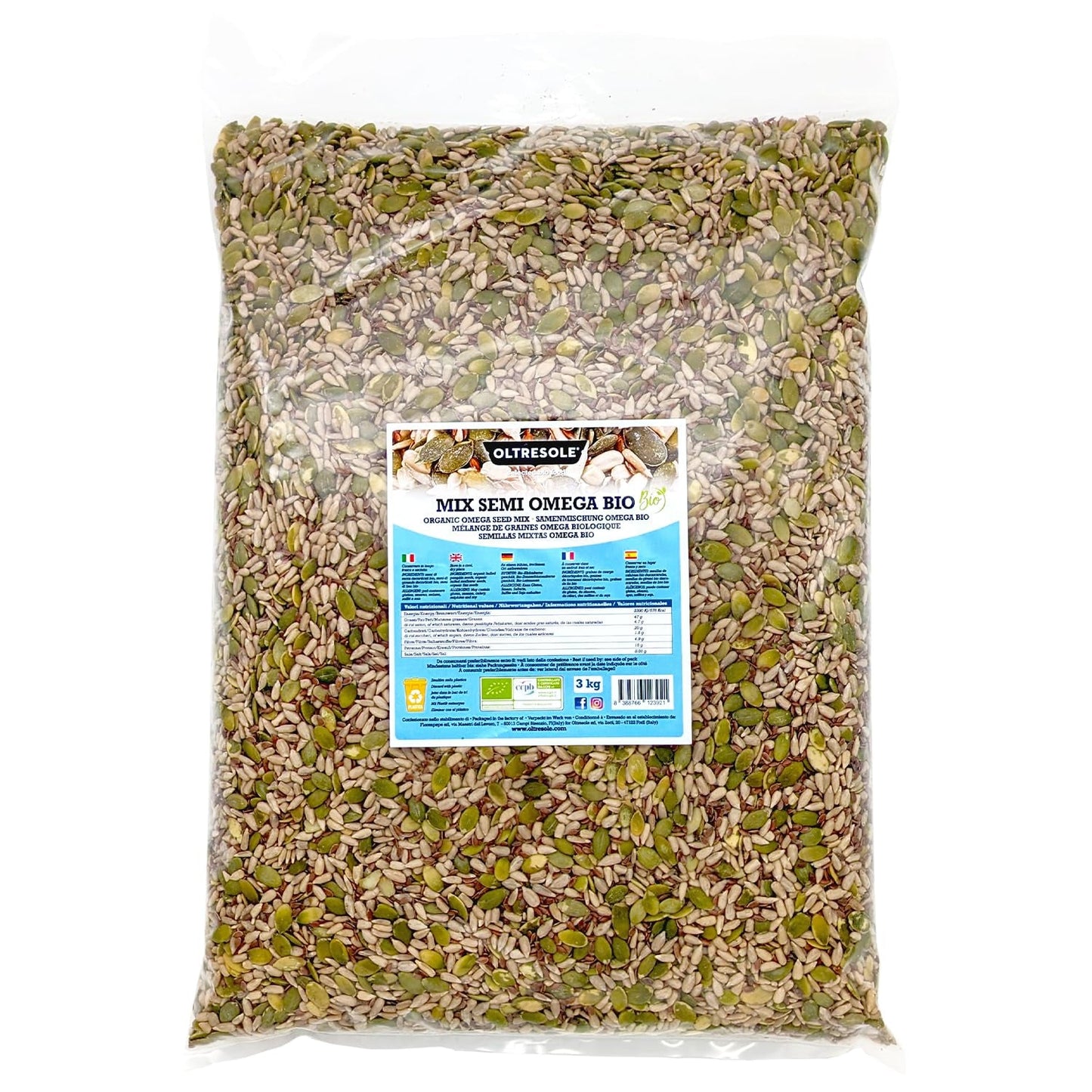 Organiczna Mieszanka Nasion Omega 3 kg (mieszanka nasion dyni, słonecznika i lnu), mieszanka 3 całych surowych nasion oleistych, bogata w białko, błonnik i kwasy tłuszczowe omega-3