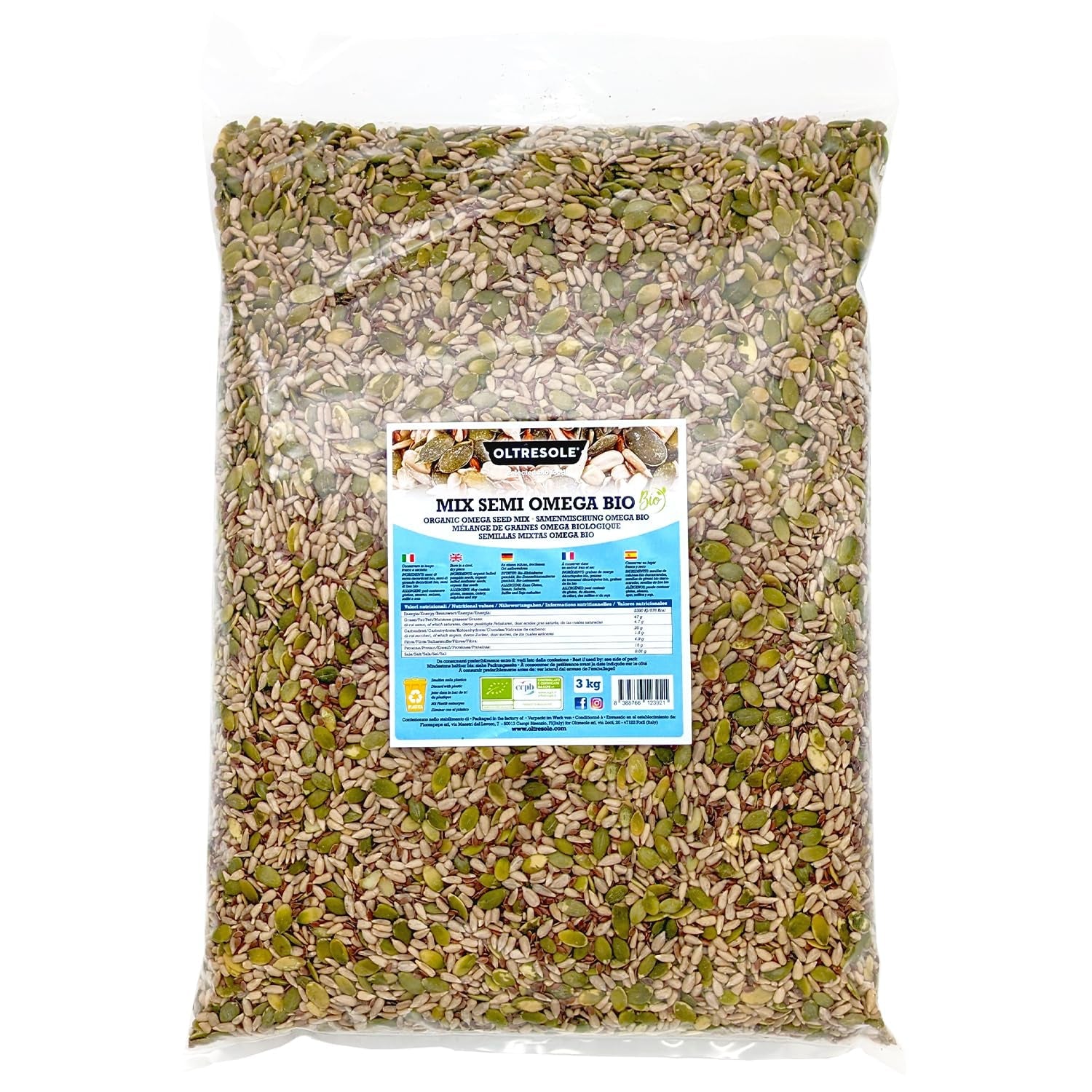 Organiczna Mieszanka Nasion Omega 3 kg (mieszanka nasion dyni, słonecznika i lnu), mieszanka 3 całych surowych nasion oleistych, bogata w białko, błonnik i kwasy tłuszczowe omega-3