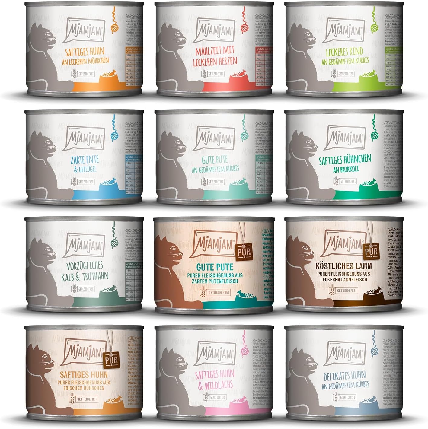 MjAMjAM - Mokra karma premium dla kotów - Pyszne pudełko, 12 szt. (12 x 200 g), bez zbóż, z dodatkowym mięsem