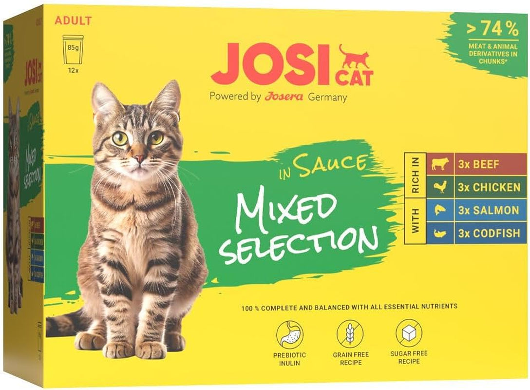 Opakowanie zbiorcze Mieszany wybór w sosie (12 x 85 g) | Dorosły | Mokra karma premium w sosie dla wyrośniętych kotów Mit opakowania zbiorczego 4 Sorten | Ohne Konservierungsmittel | 12 paczek