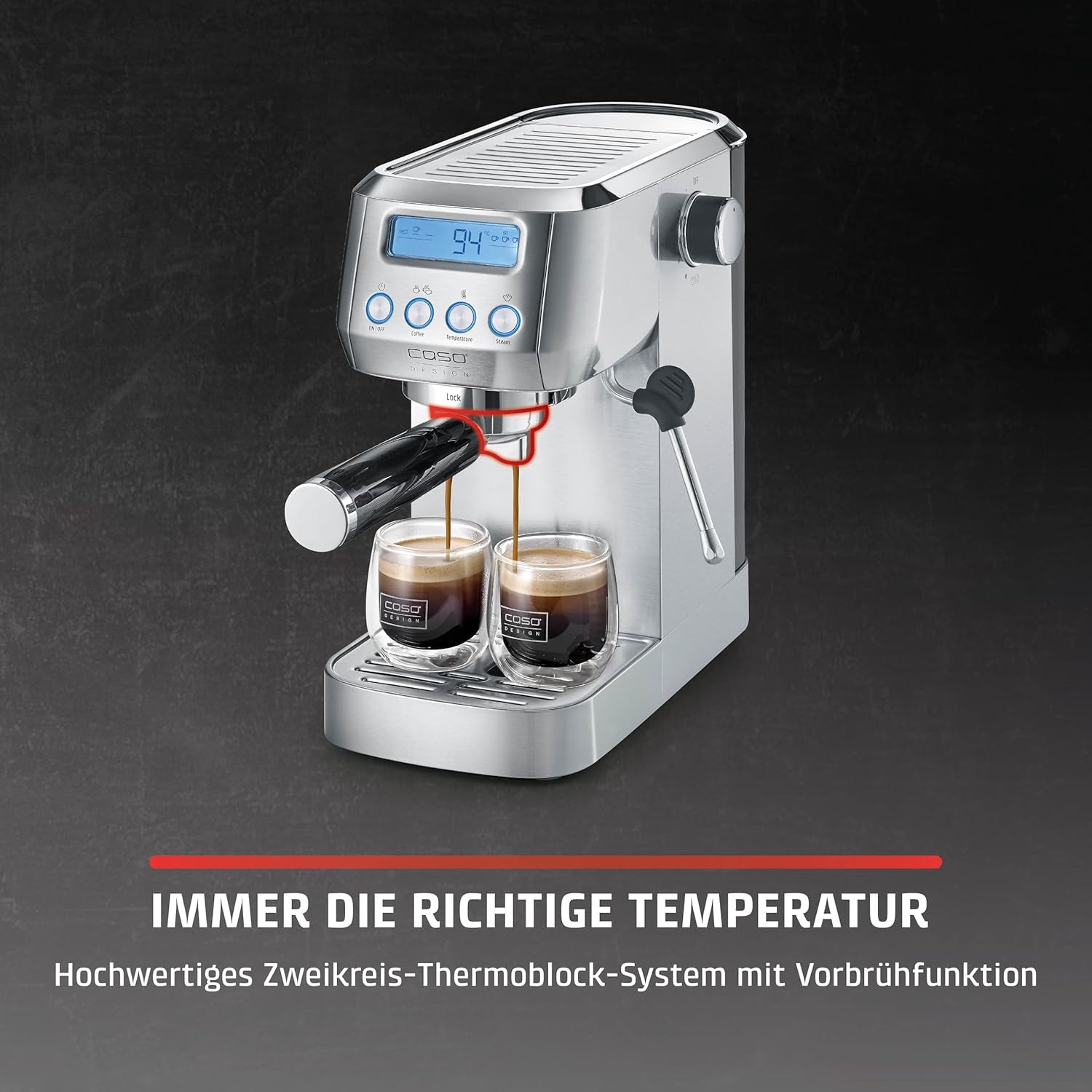 CASO EspressoGourmet Crema - Ekspres z kolbą ze spieniaczem do mleka, espresso, cappuccino, kolba ze stali nierdzewnej, pompa ULKA 20 bar, ekspres do kawy, kawa mielona, ​​kapsułki ESE