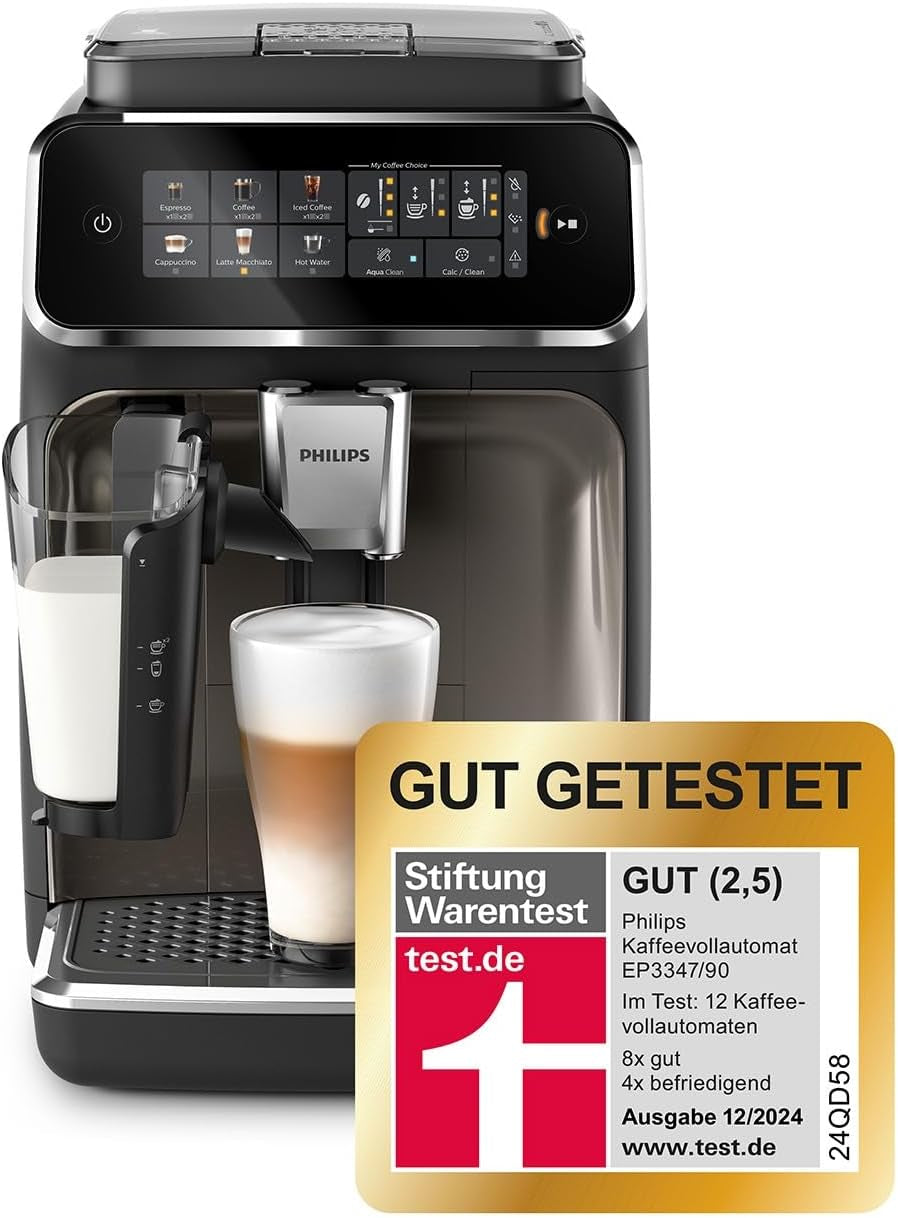 Automatyczny ekspres do kawy PHILIPS seria 3300 - 6 napojów, nowoczesny kolorowy ekran dotykowy, system przygotowania mleka LatteGo, SilentBrew, młynek 100% ceramiczny, filtr AquaClean. Czarny chrom (EP3347/90)