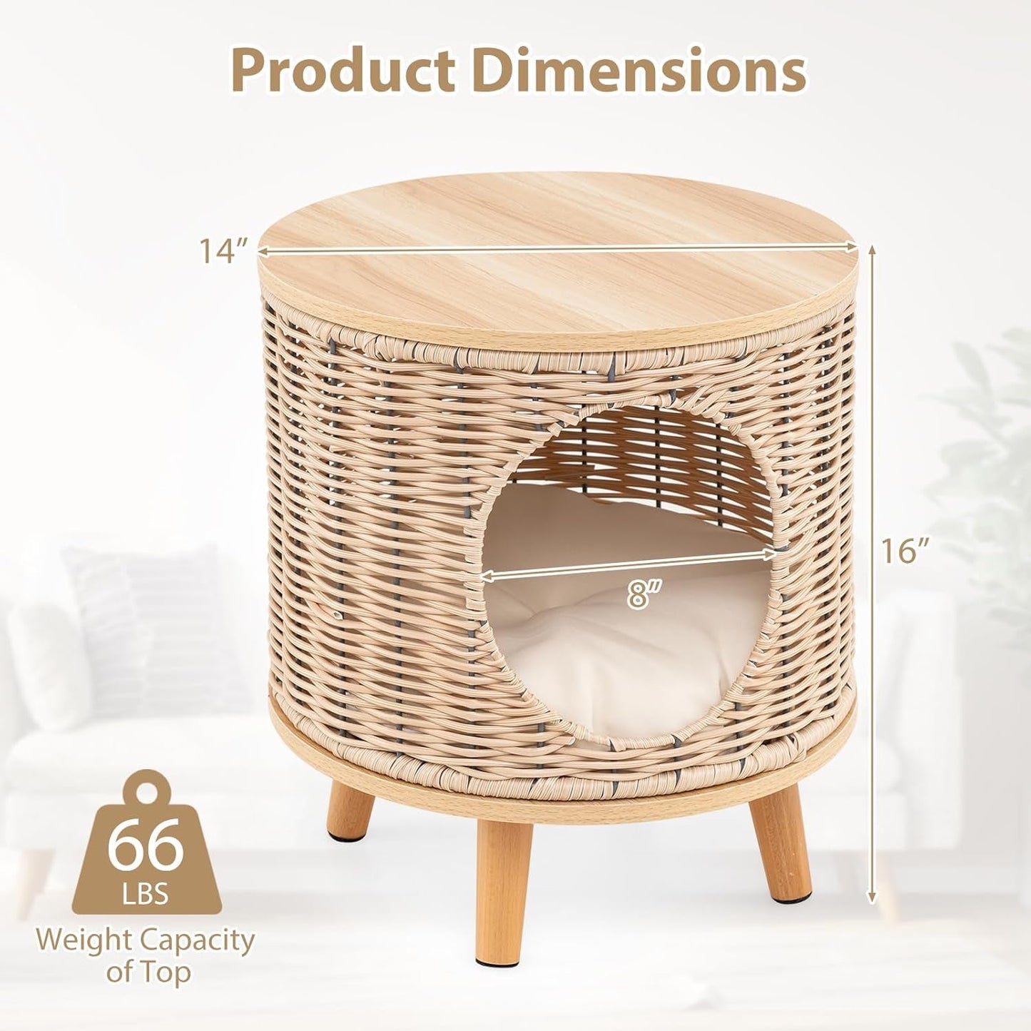 Katzenhaus Rattan, Katzenmöbel mit Holzbeinen & soft Kissen, 3 w 1 Katzenhöhle Fußhocker Nachttisch, Katzenbett stabil bis 30 kg dla Wohnzimmer Schlafzimmer