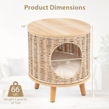 Katzenhaus Rattan, Katzenmöbel mit Holzbeinen & soft Kissen, 3 w 1 Katzenhöhle Fußhocker Nachttisch, Katzenbett stabil bis 30 kg dla Wohnzimmer Schlafzimmer