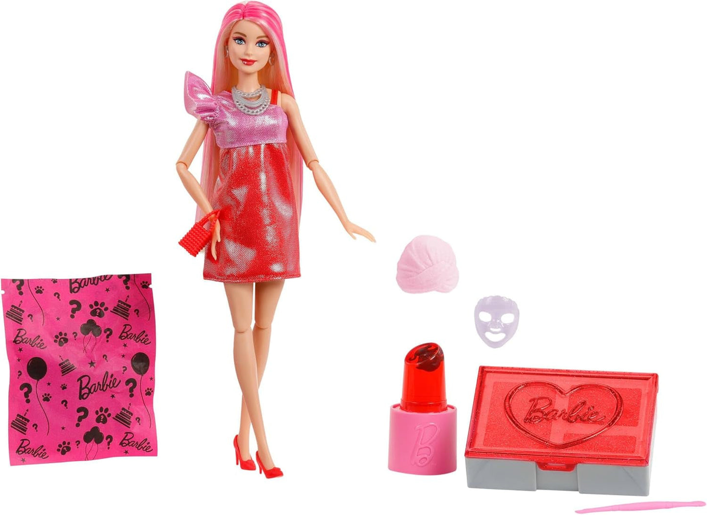 Lalka Barbie Party bez pudełka i akcesoriów, seria Glam Party z 10 niespodziankami, w tym jasnoczerwona lalka z efektem zmiany koloru, JFY68