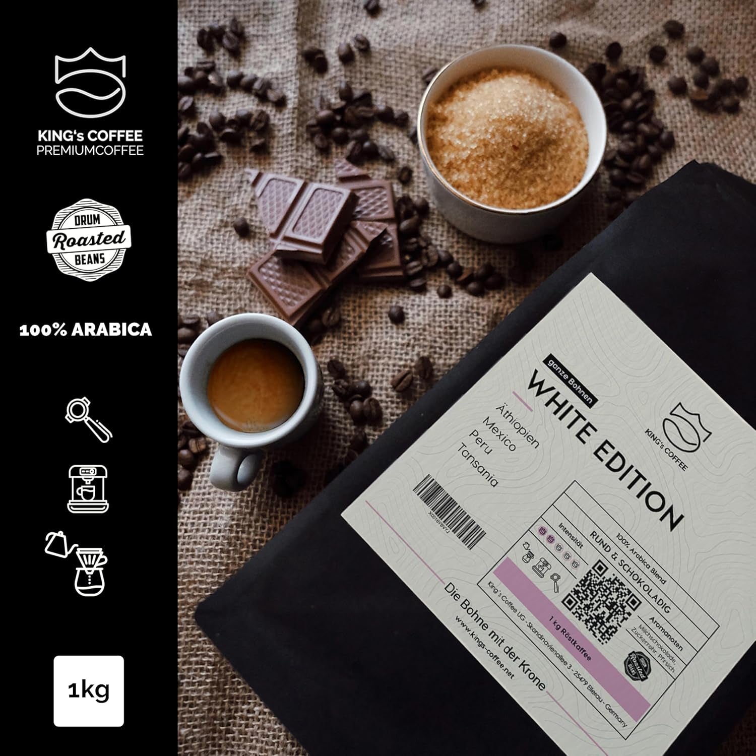 KING'S COFFEE - WHITE EDITION - lekka mieszanka 100% Arabiki z Etiopii, Meksyku, Peru i Tanzanii - palenie małych partii we Włoszech - całe ziarna espresso do ekspresów kolbowych - 1 kg