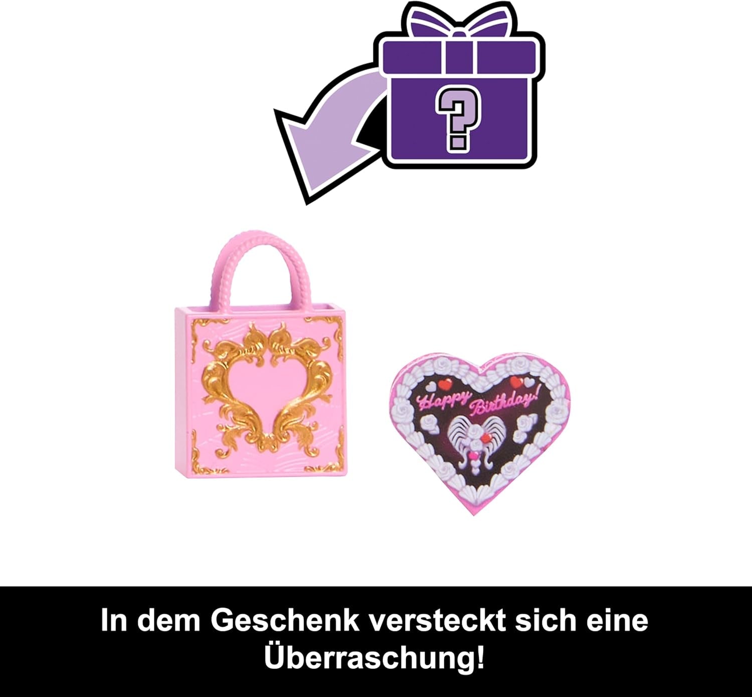 Straszna lalka Monster High Sweet Birthday Cupid Asteria w różowej i czerwonej sukience imprezowej z akcesoriami tematycznymi, takimi jak zaproszenie, balon, prezent i nie tylko, JBG77