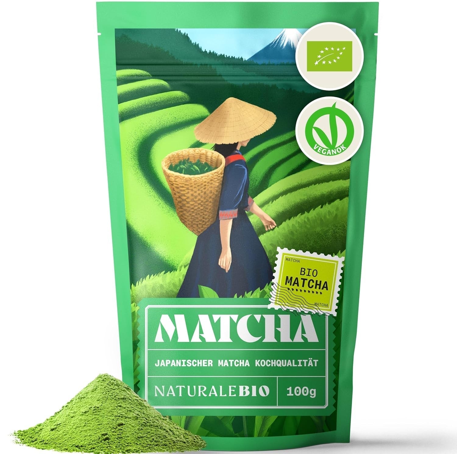 Naturalebio BIO Herbata zielona w proszku 100 g. Do gotowania i pieczenia. Oryginalna japońska matcha. Zielona herbata z Japonii, wegańska, bezglutenowa i bez GMO. Naturalny produkt organiczny.