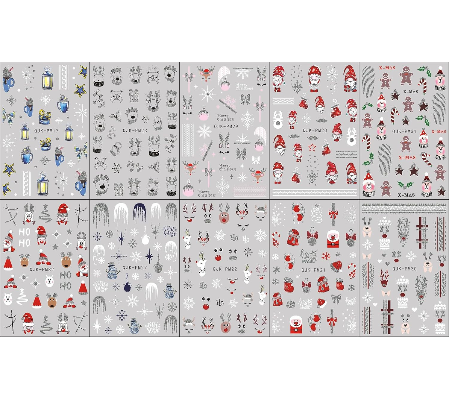 JMEOWIO Nagelsticker Glitzer Weihnachten 10 Blatt Nail Art Naklejka Selbstklebend Nagelaufkleber Schneeflocken Zimowa dekoracja Nageldesign Zubehör