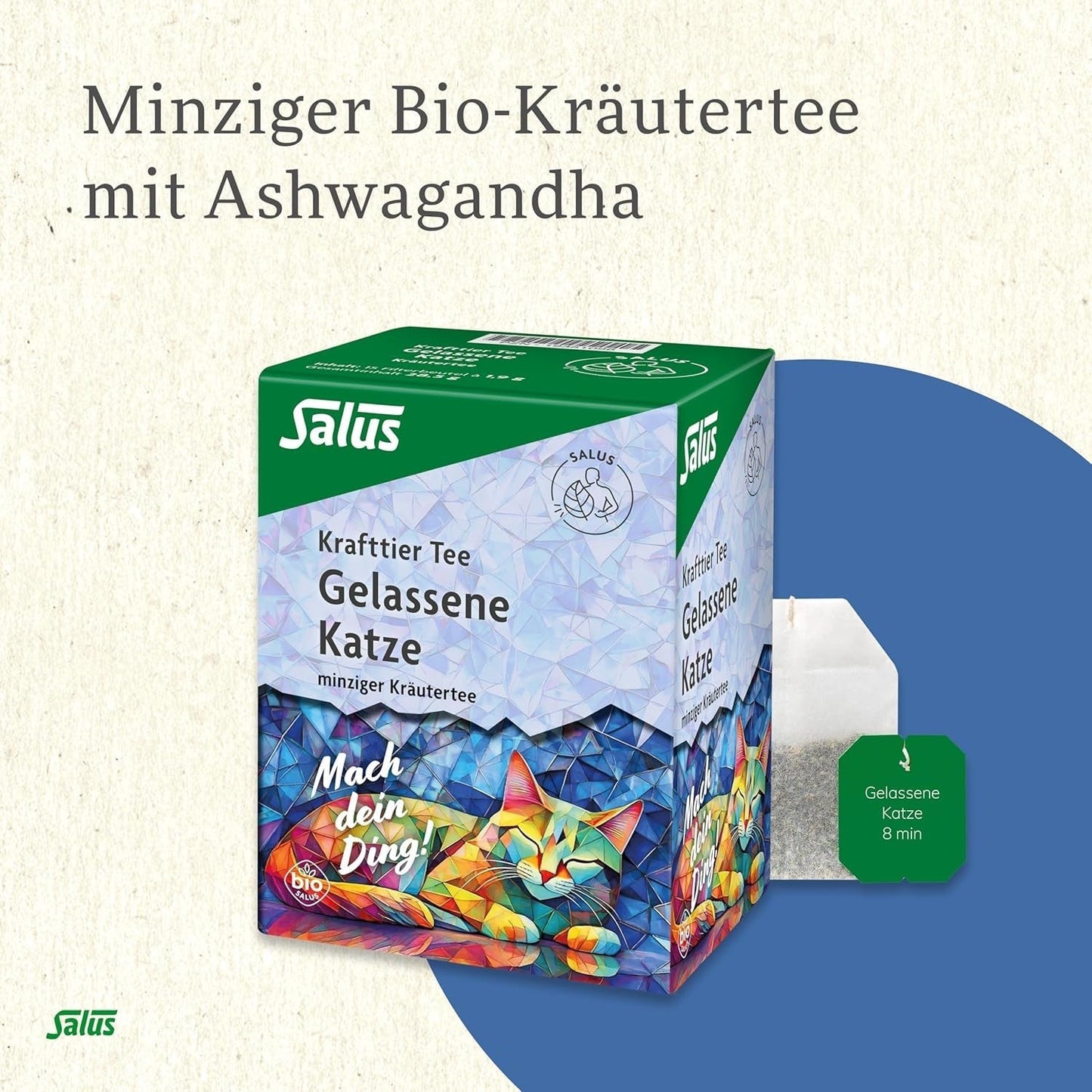 Salus - Herbata Krafttier - The Quiet Cat - 1X 15 torebek filtrujących (28,5g) - Herbata miętowo-ziołowa z ashwagandhą - Organiczna