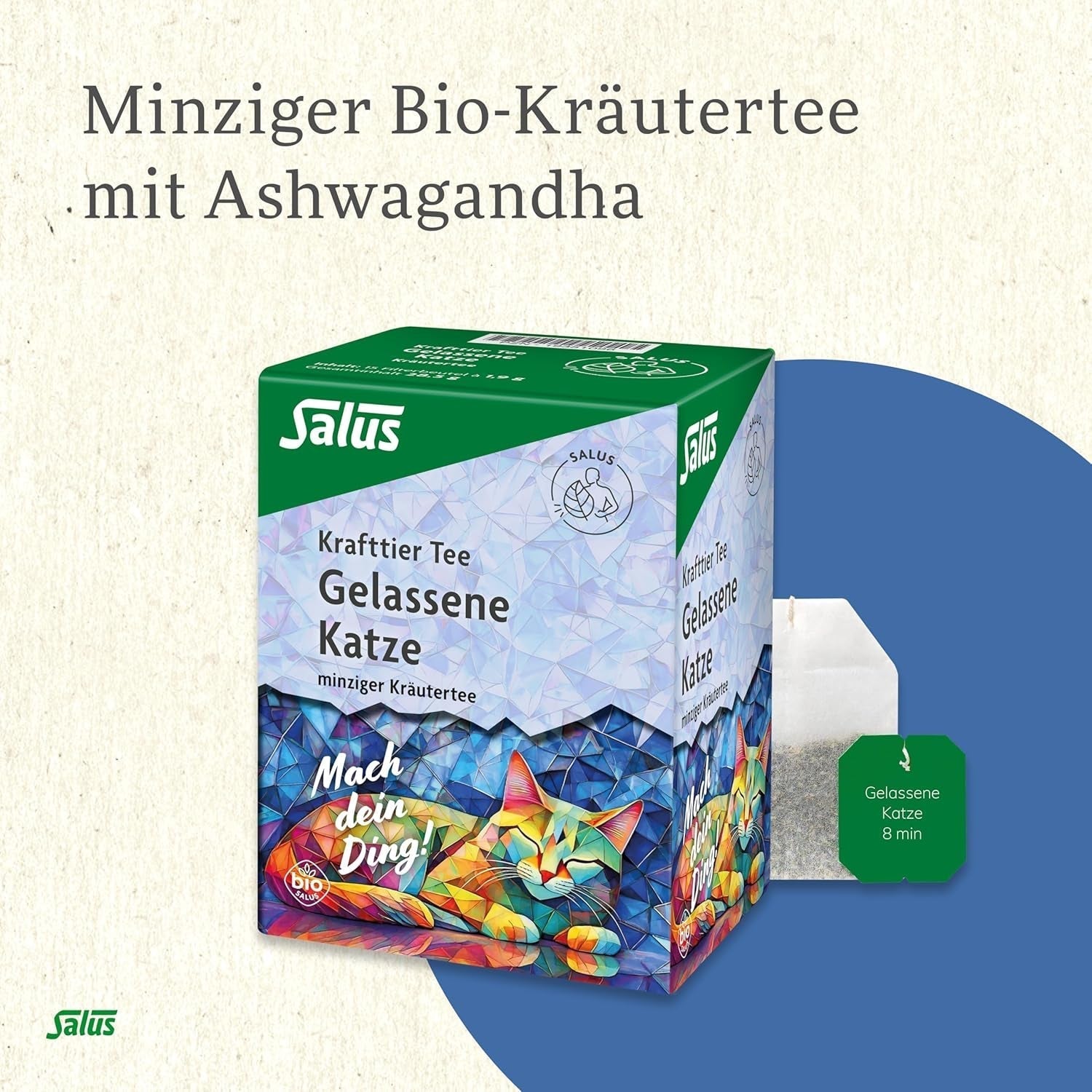 Salus - Herbata Krafttier - The Quiet Cat - 1X 15 torebek filtrujących (28,5g) - Herbata miętowo-ziołowa z ashwagandhą - Organiczna