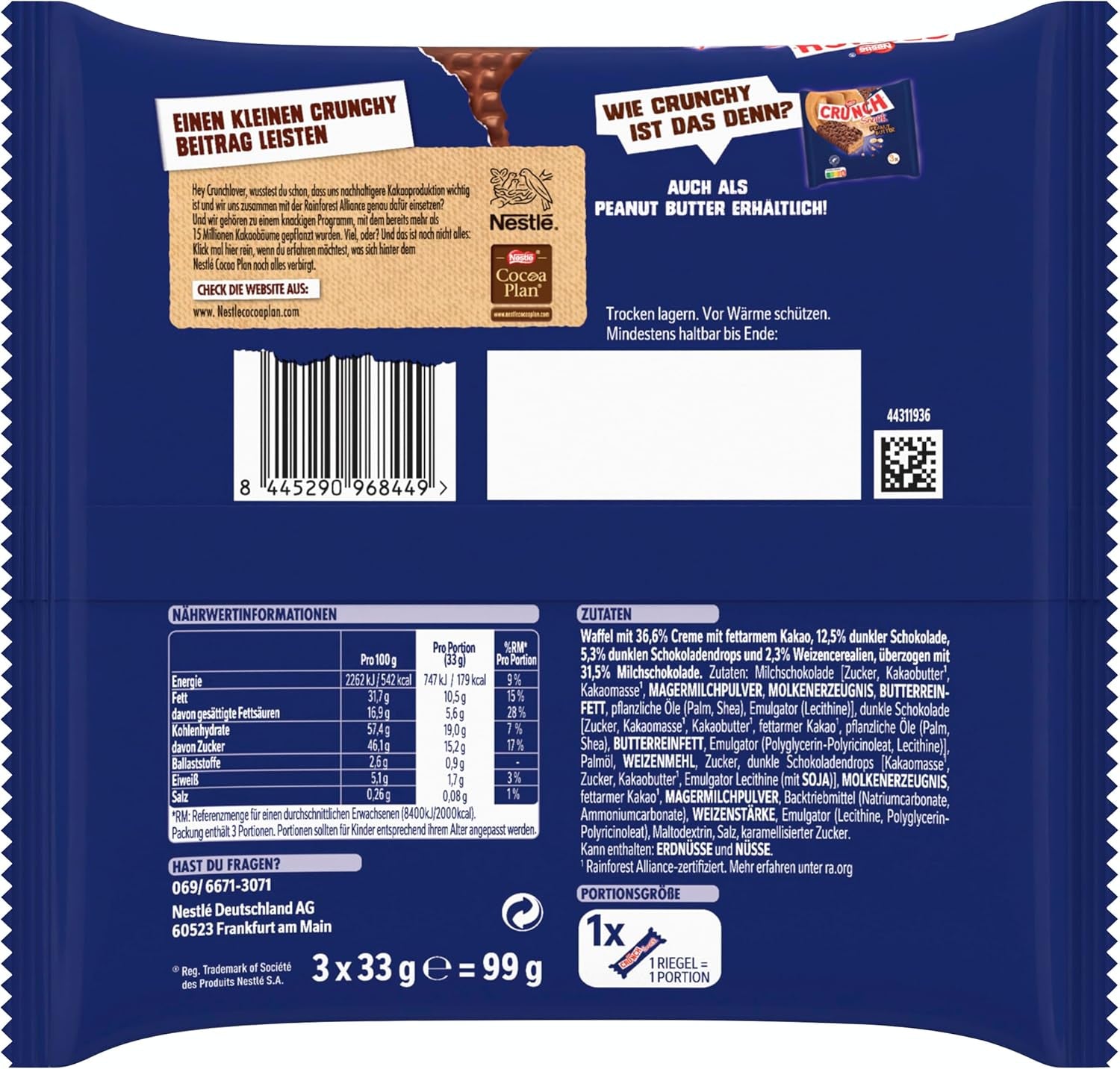 Nestlé Batonik Mleczny Chrupiący Batonik Zbożowy z Czekoladą Mleczną, 9 opakowań (3 x 33 g każdy)