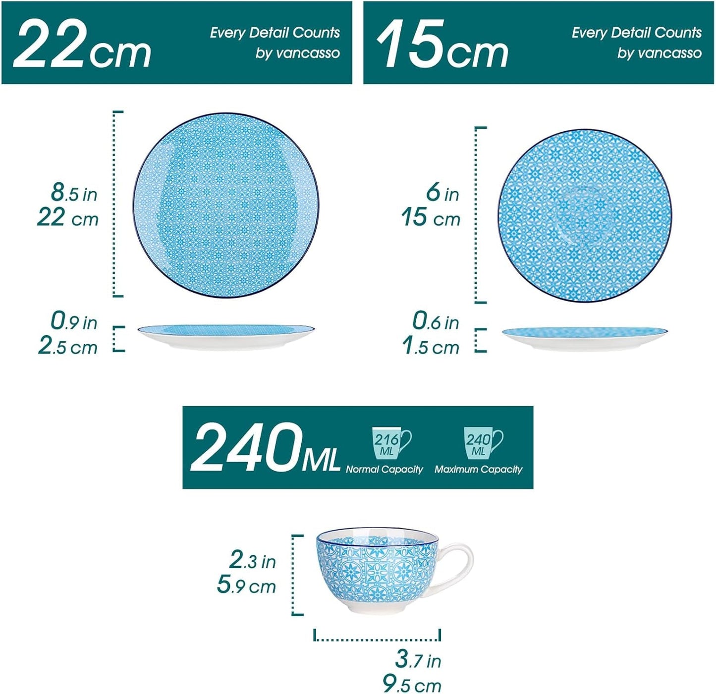 Porcelanowy zestaw do kawy Vancasso Macaron, 12-częściowy kolorowy serwis do kawy dla 4-12 osób, zestaw filiżanek, zawiera filiżanki do kawy, spodki i talerze deserowe