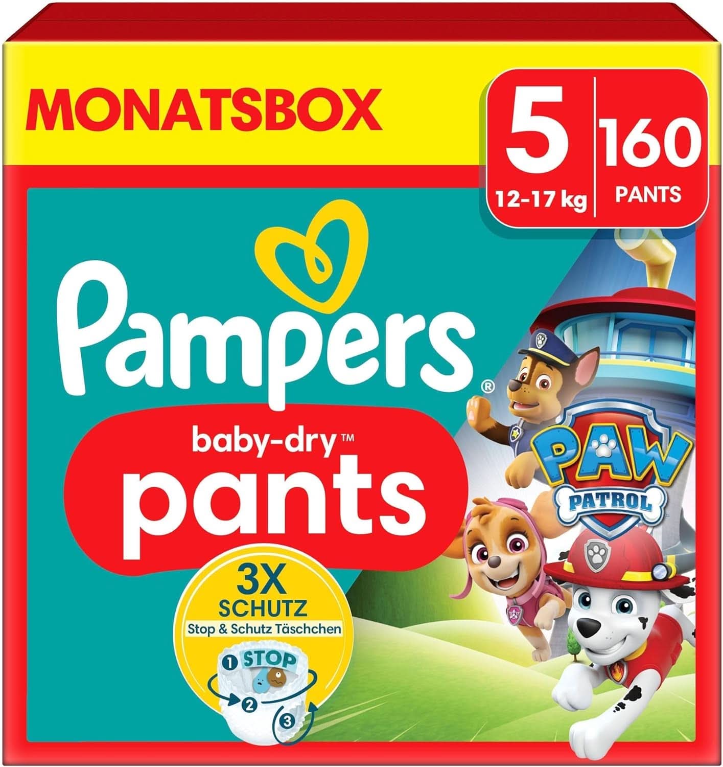 Pieluszki Pampers Paw Patrol Spodnie rozm. 5 (12-17Kg) Baby-Dry, Junior z kieszenią Stop and Protect, MIESIĘCZNE BOX, 160 pieluszek Naty Shop 5 (160 sztuk) Nowość