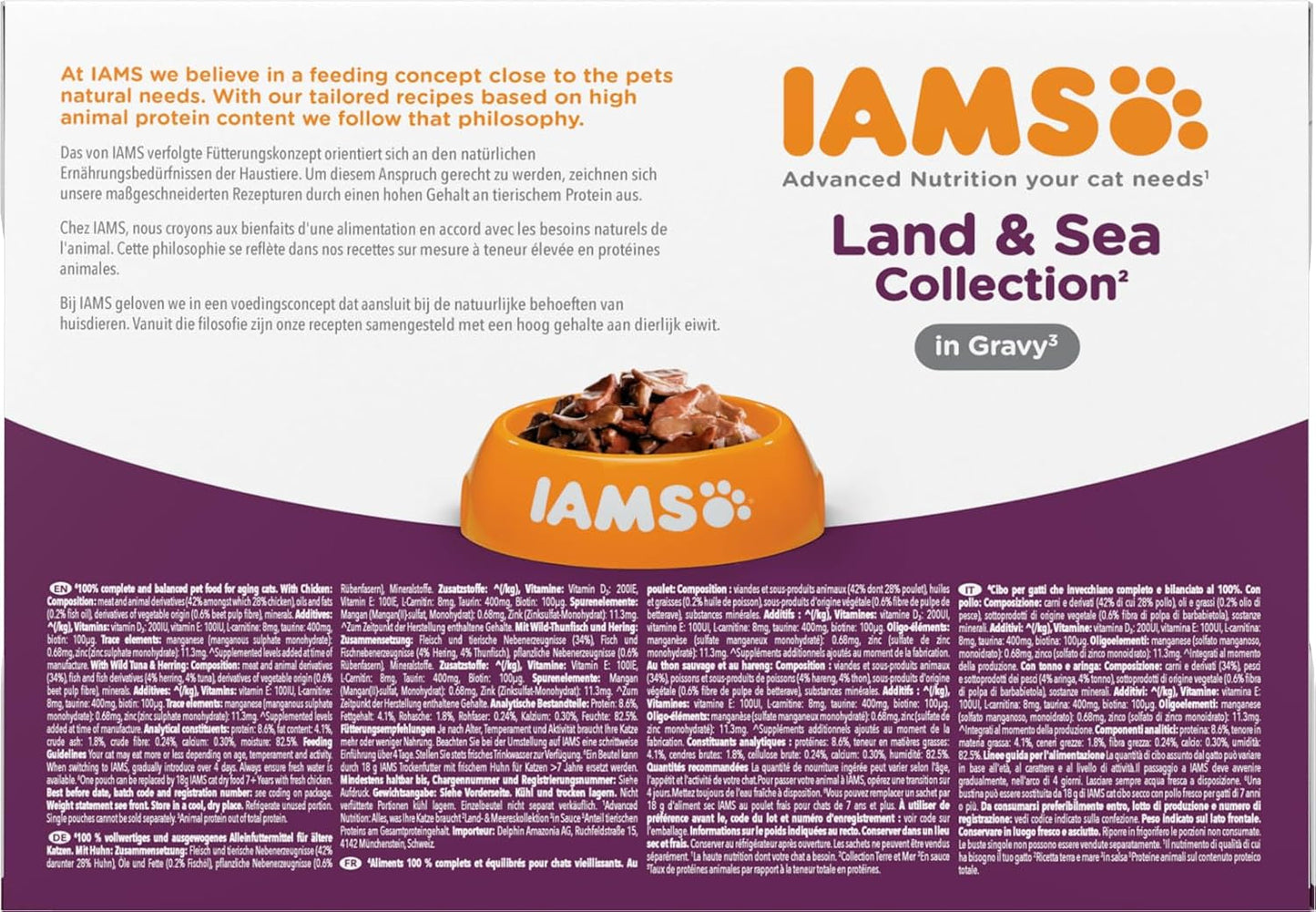 IAMS Delights Mokra karma dla starszych kotów - Wielopak z kurczakiem i rybą w sosie, wysokiej jakości mokra karma dla kotów powyżej 7. roku życia, 12 x 85g