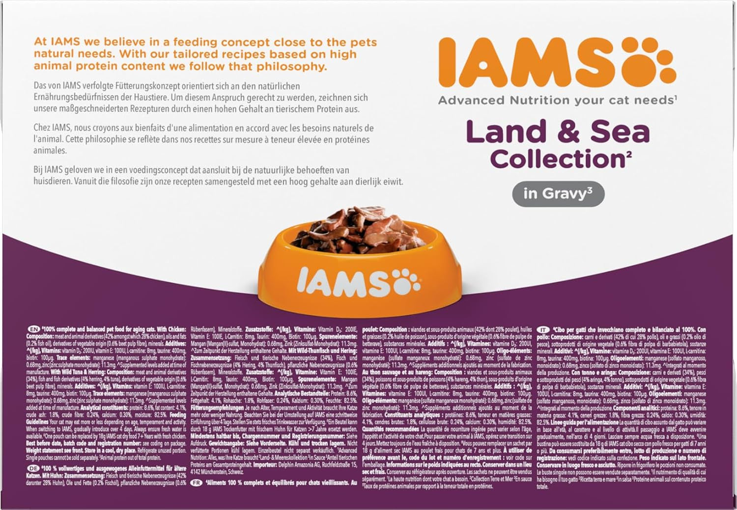 IAMS Delights Mokra karma dla starszych kotów - Wielopak z kurczakiem i rybą w sosie, wysokiej jakości mokra karma dla kotów powyżej 7. roku życia, 12 x 85g