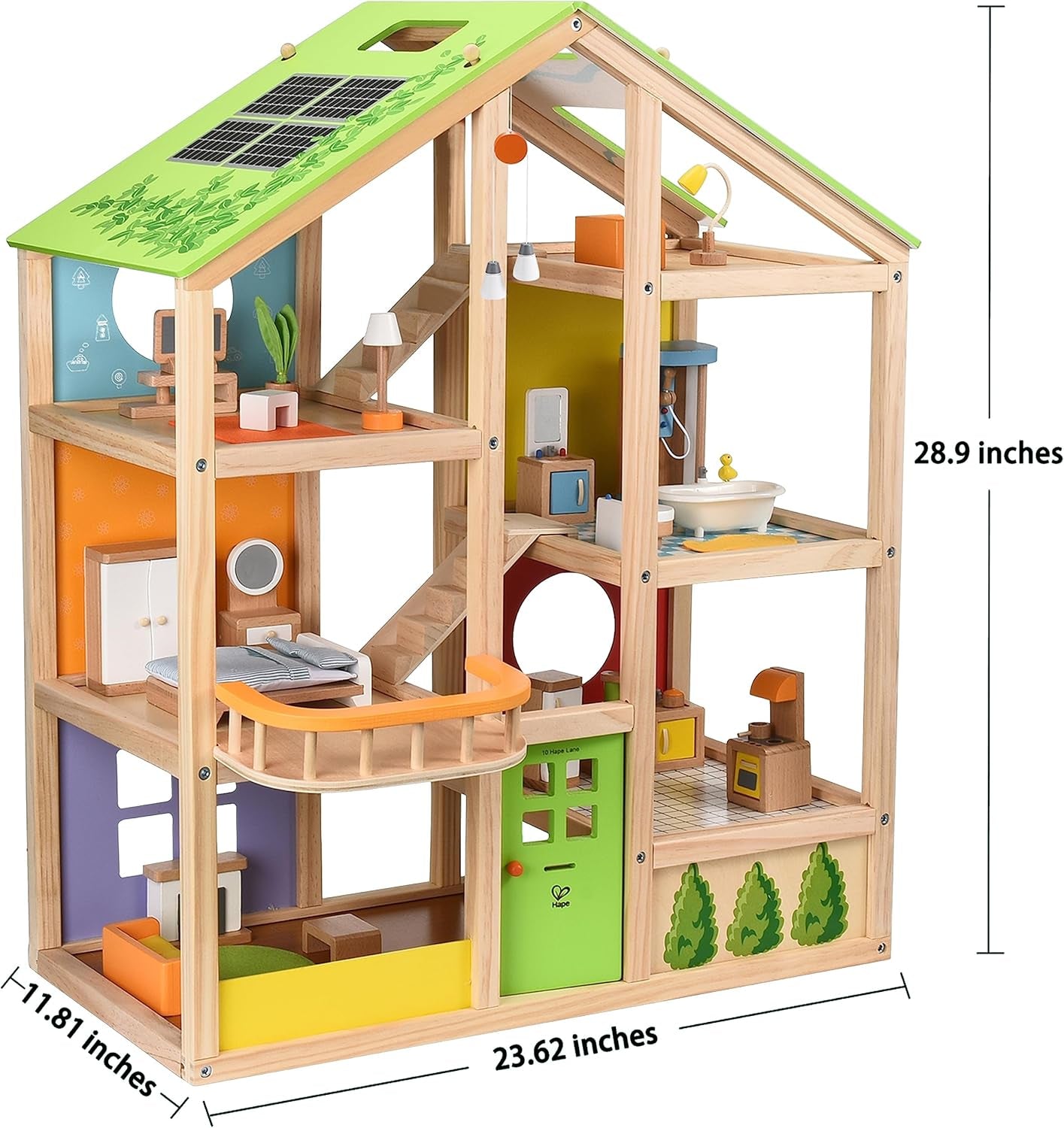 Drewniany domek dla lalek Hape Four Seasons Nagradzany trzypiętrowy domek dla lalek z meblami, akcesoriami, ruchomymi schodami i odwracanym dachem na każdą porę roku Domki dla lalek Naty Shop