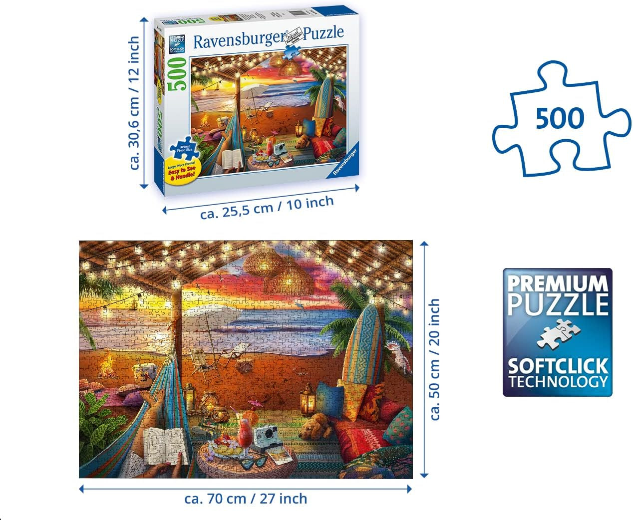 Ravensburger Puzzle 16795 - Zachód słońca na plaży - 500 elementów puzzle dla dorosłych i dzieci 10+ z większymi elementami [wyłącznie na Amazon] Puzzle Naty Shop