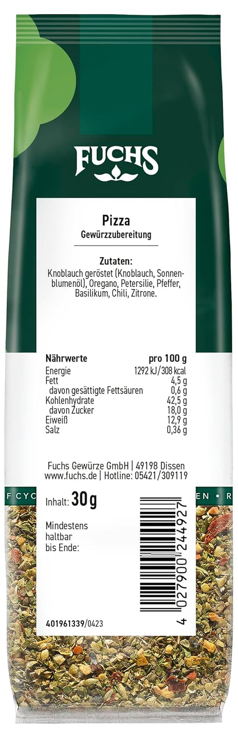 Fuchs Gewürze - Pizza Gewürzzubereitung w nadającym się do recyklingu Nachfüllbeutel, Gewürzmischung mit Italianen Kräutern, idealna do Bruschetty - 30 g