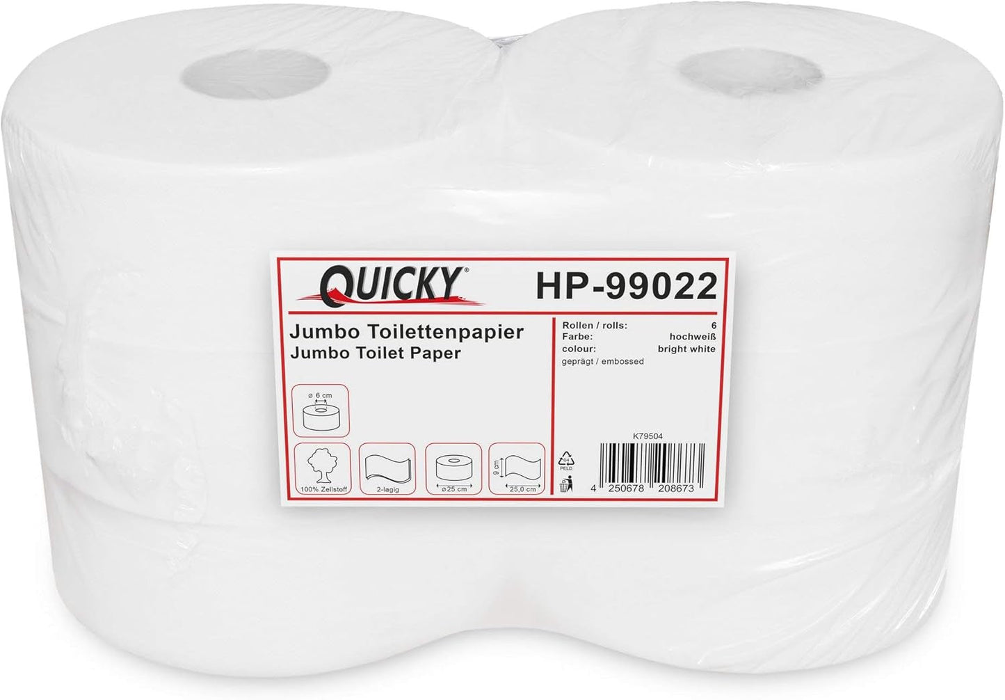 Dwuwarstwowy papier toaletowy Quicky Jumbo, średnica 25 cm, jasnobiały, wytłoczony w drobne kropki, 6 rolek - chłonny i odporny na rozdarcie, zapewniający maksymalną higienę, idealny dla instytucji publicznych i przemysłu