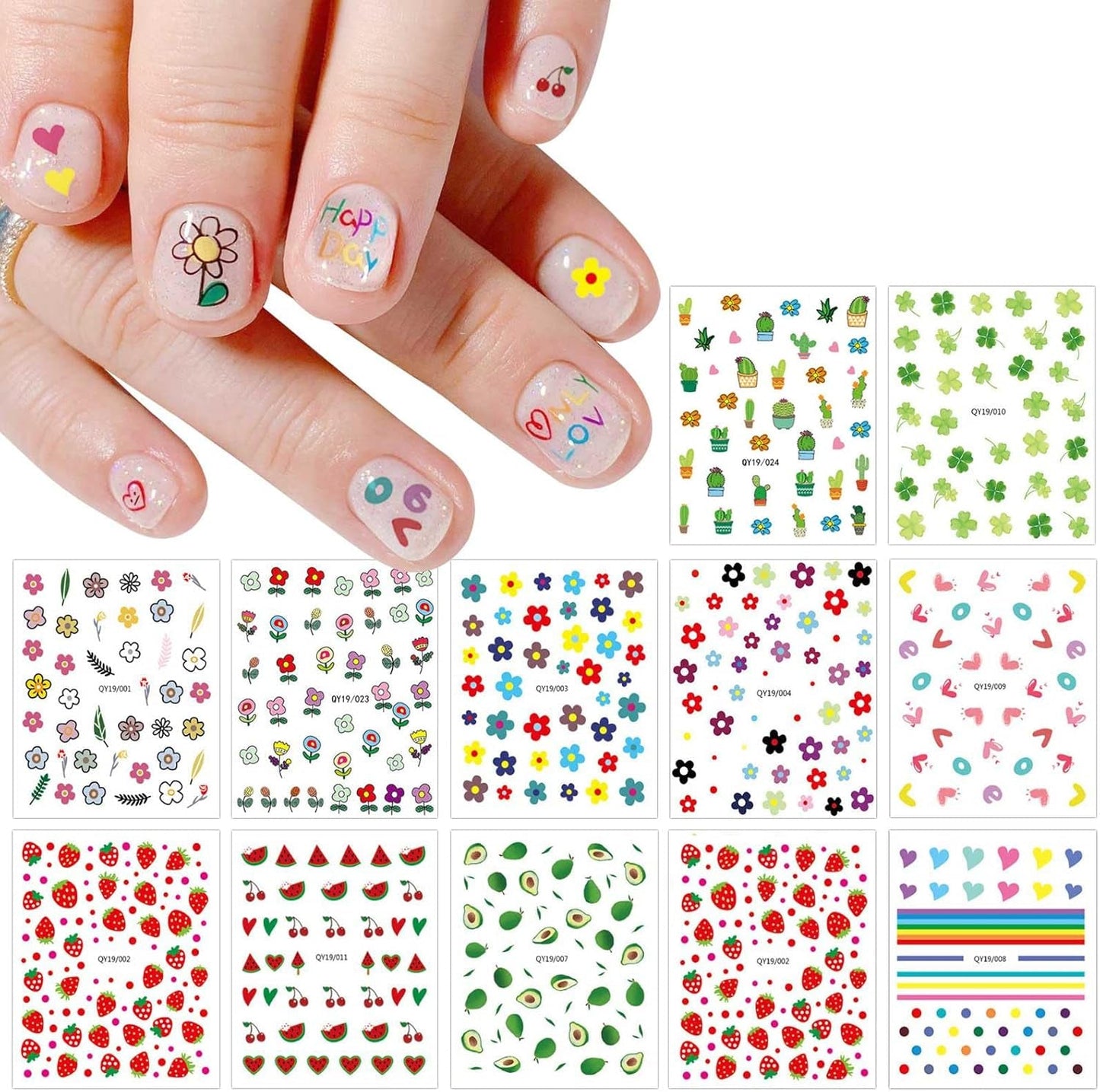 JMEOWIO Süße Nagelsticker Für Kinder 14 Blatt Nail Art Naklejka Selbstklebend Nagelaufkleber Regenbogen Blumen Frucht Dekoration Nageldesign Zubehör