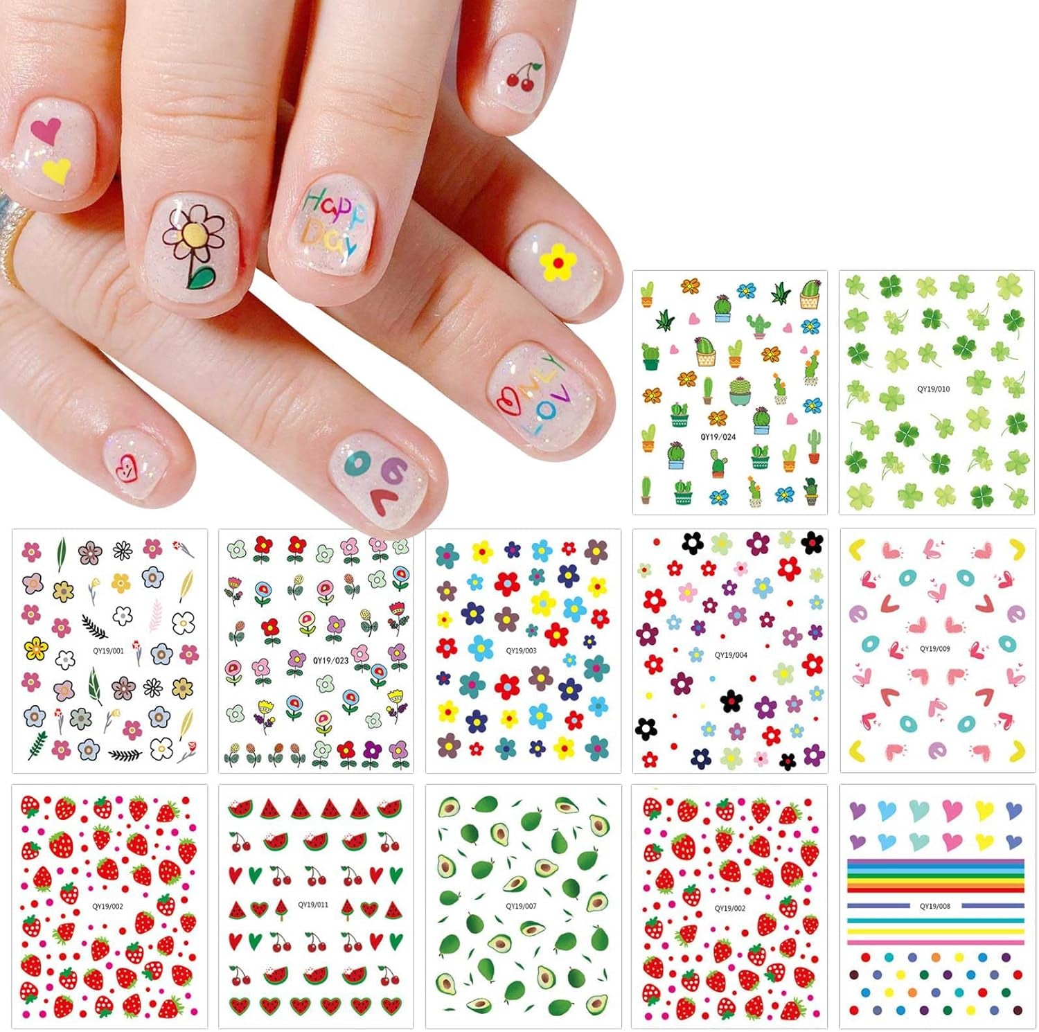 JMEOWIO Süße Nagelsticker Für Kinder 14 Blatt Nail Art Naklejka Selbstklebend Nagelaufkleber Regenbogen Blumen Frucht Dekoration Nageldesign Zubehör